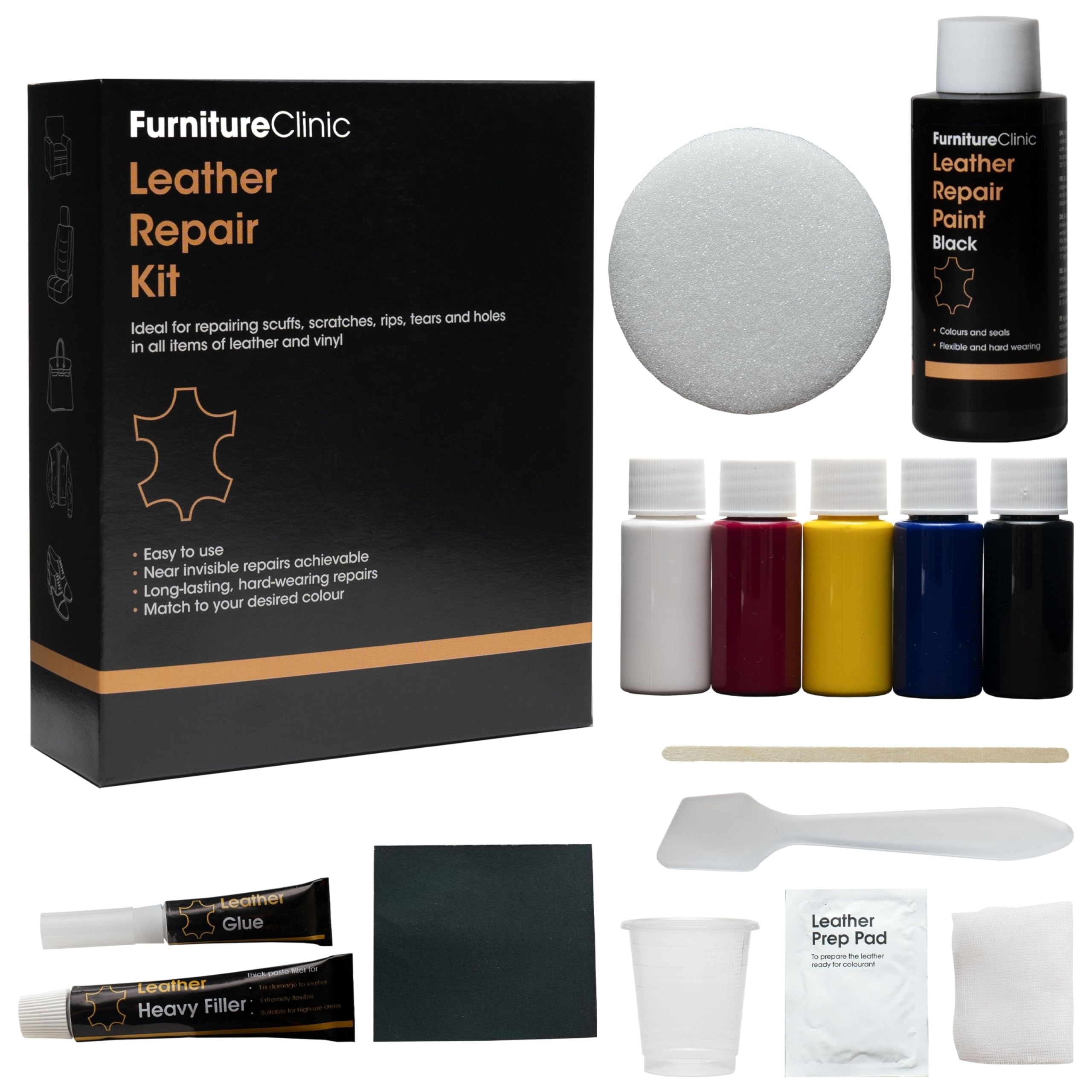 Furniture Clinic Kit Completo di Riparazione della Pelle. 12 Opzioni di Colore per Divani, Sedili Auto. Adatto a Tutte Le tonalità di Pelle. Rattoppa, Riempie e Ritocca Graffi, Strappi (Nero)