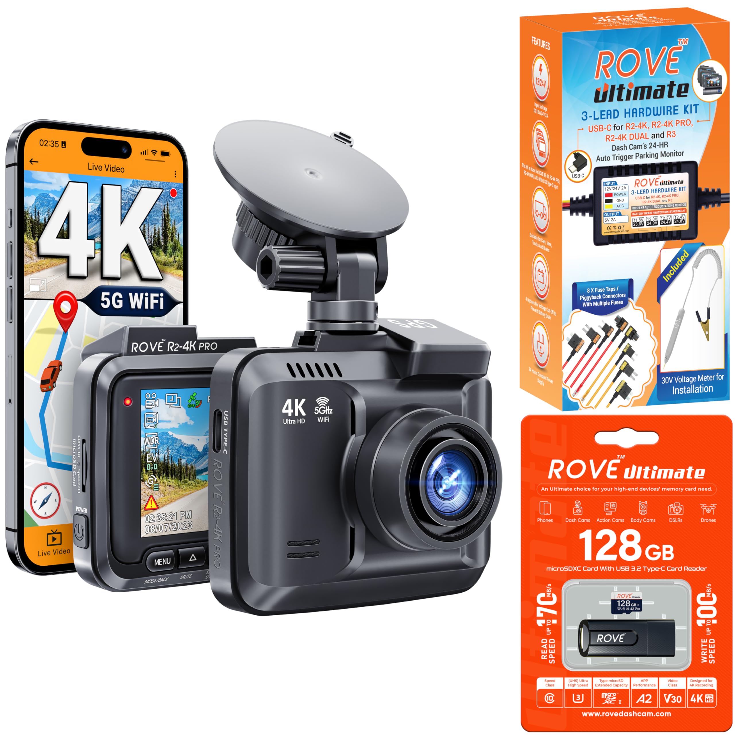 ROVE R2-4K PRO Dash Cam with smartphone app interface