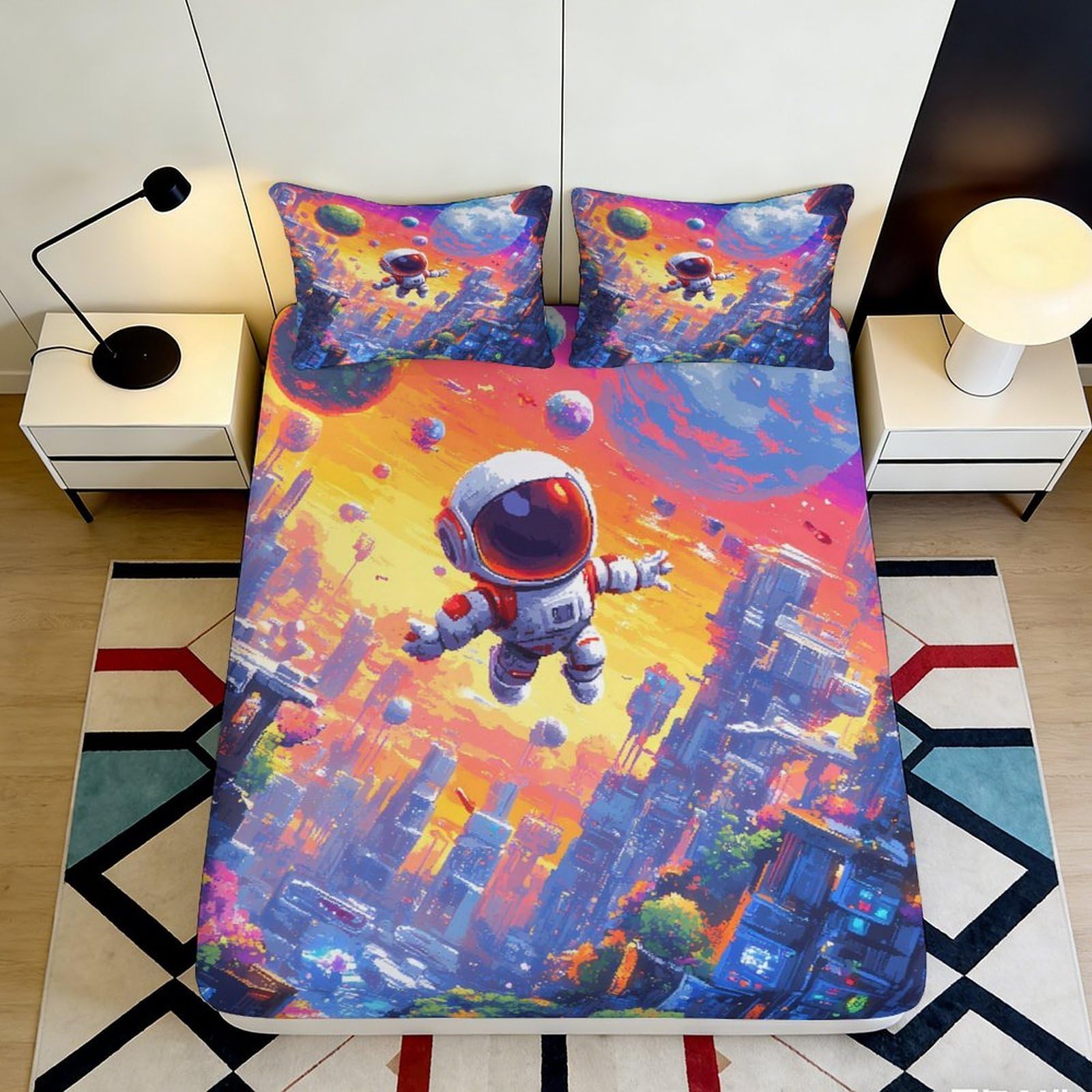 3D Printed Astronaut Galaxy Fitted Sheet Microfiber Soft Colorful Space Bed Sheet for Bedroom Dorm Decor 90x200x25cm