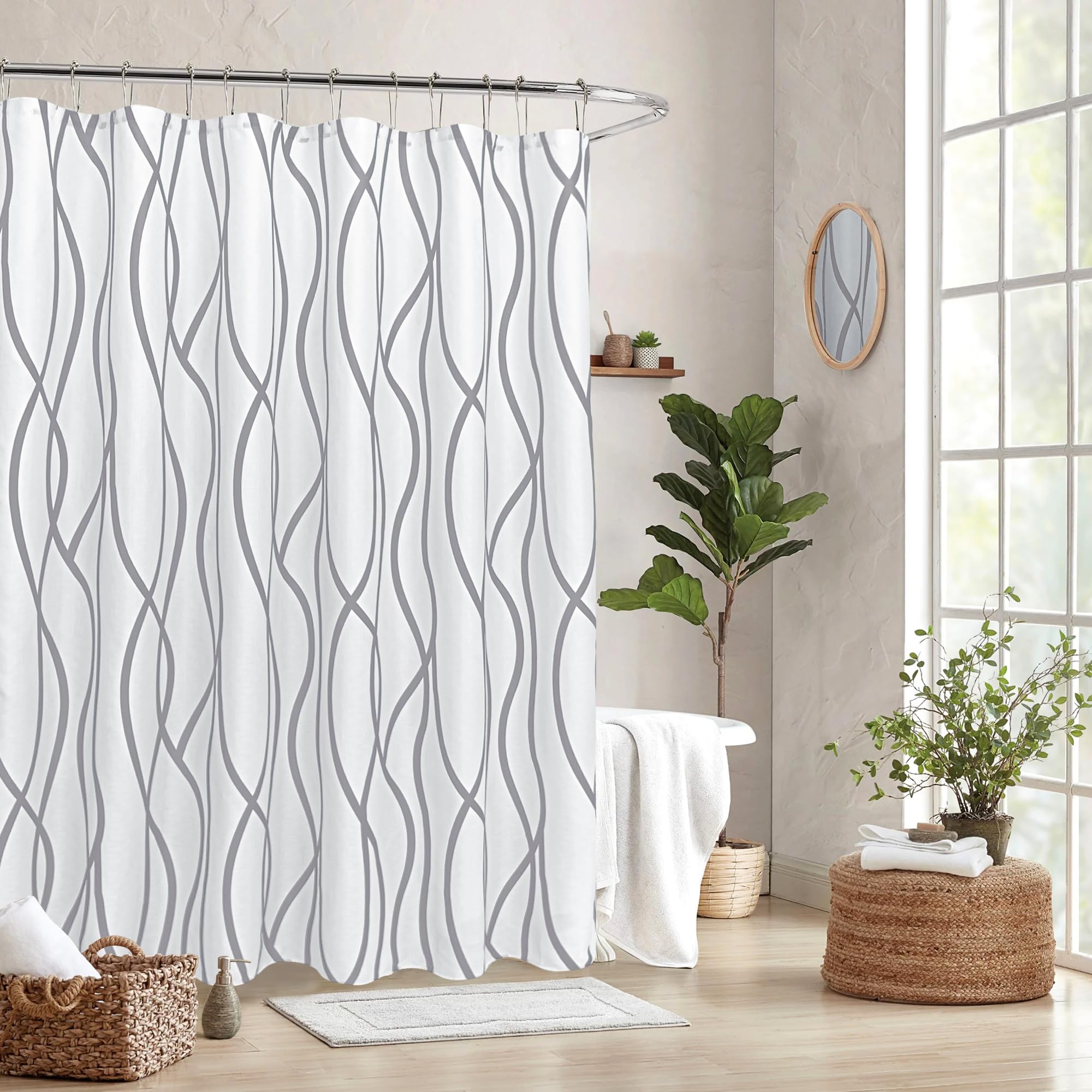 Biscaynebay Textured Fabric Shower Curtain 72 Inches by 72 Inches, Silver Grey Striped Printed Linen Modern Hotel Luxury Quality Cloth Bathroom
