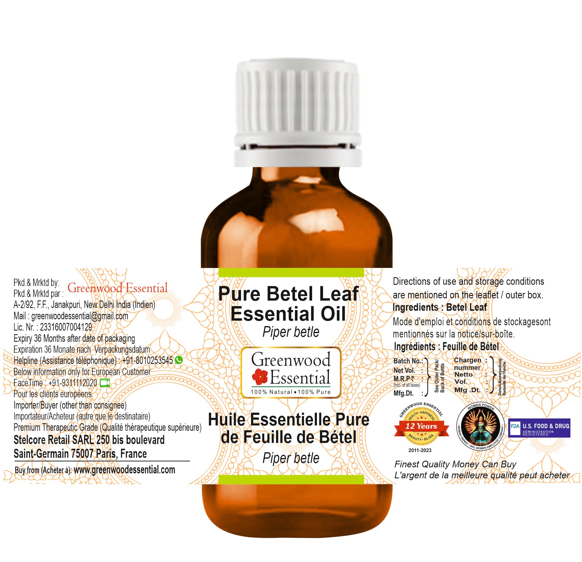 Greenwood Essential Naturreine Ätherisches Betelblattöl (Piper betle) Dampfdestilliert 30ml (1 oz)