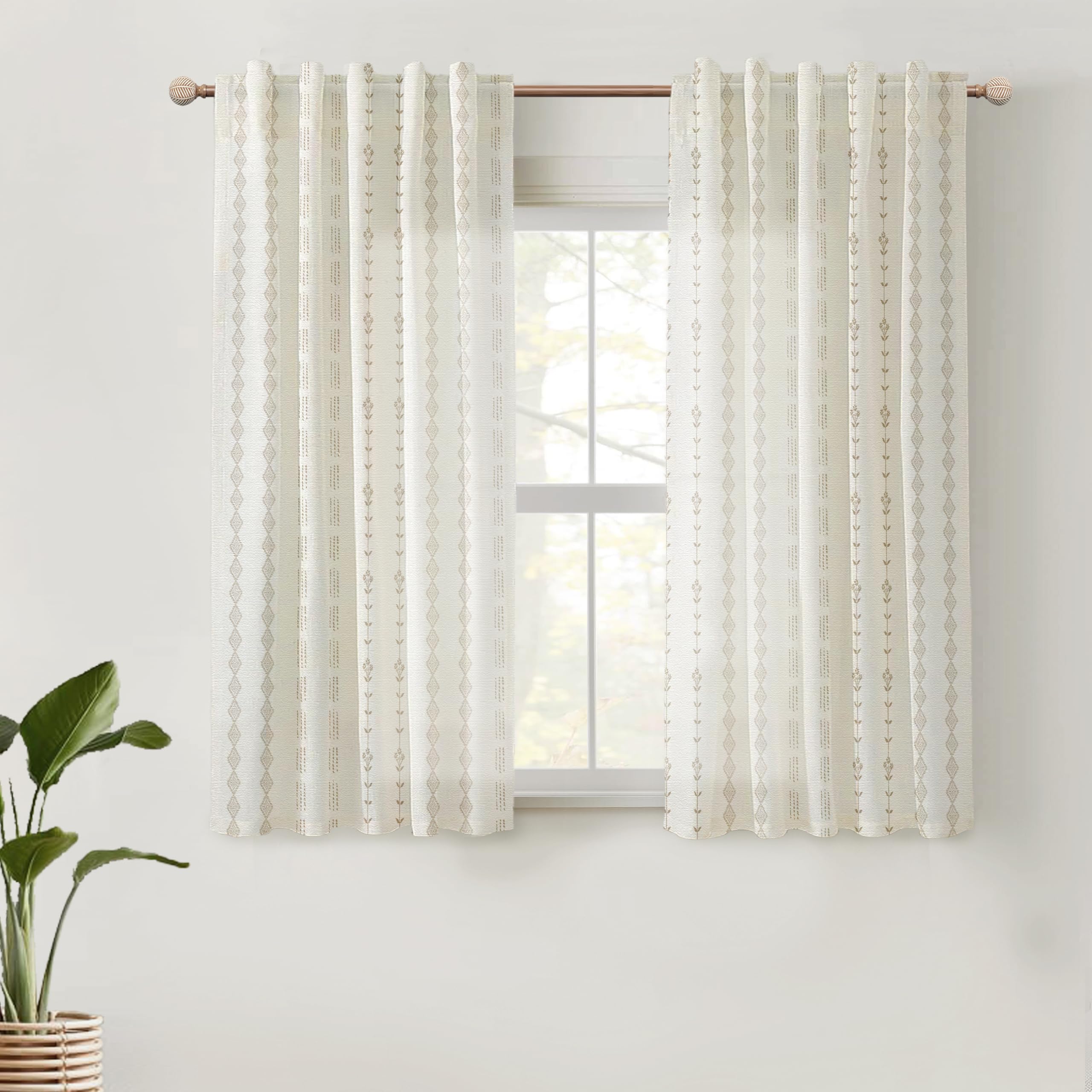 Rideaux courts transparents en lin avec pattes arrière taupe pour chambre à coucher, salle de bain, cuisine, 114 cm de long