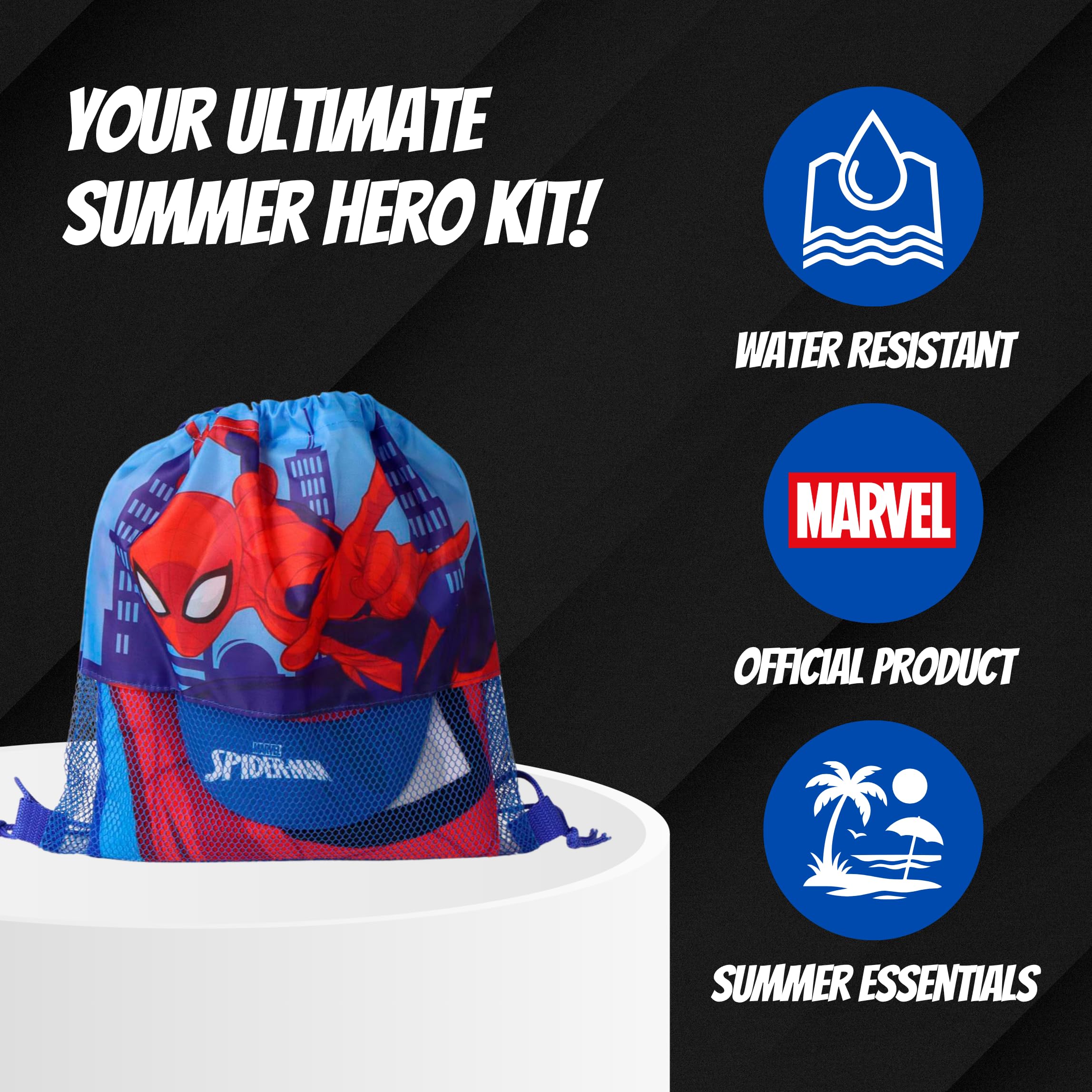 Marvel Spider-Man Set Composto da Cappellino da Baseball, Asciugamano e Zainetto con Coulisse, 3 Pezzi per Bambino, Regalo Estivo per Spiaggia, Piscina e Gite