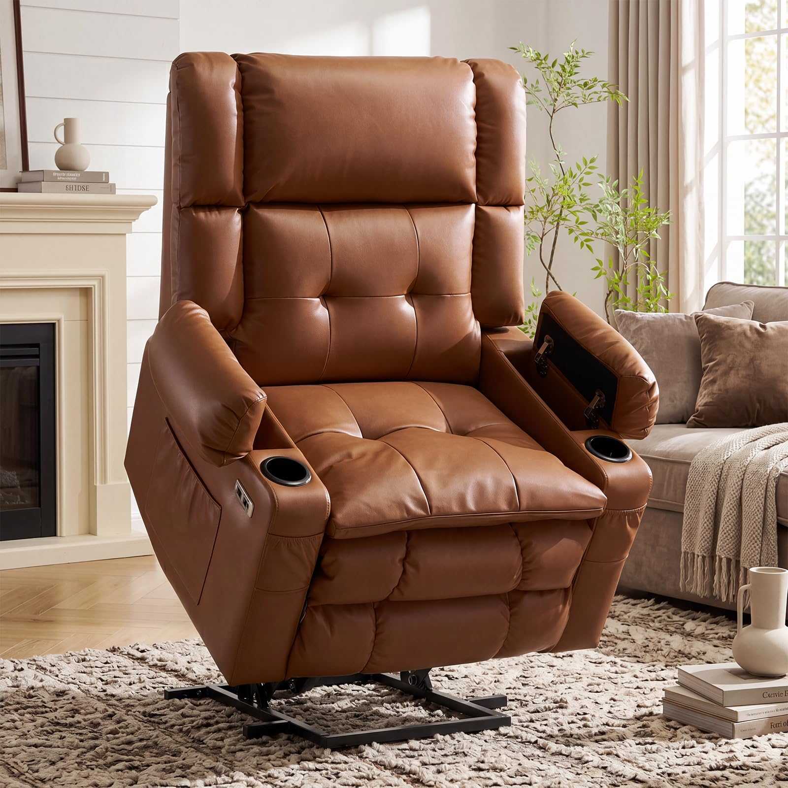 Oversized Lift Chair for Elderly with Massage and Heat, Dual Motor Power Lift Recliner Chair with Arm Storage, Lay Flat Recliner for Living Room, Big Tall, Infinite Position, Camel