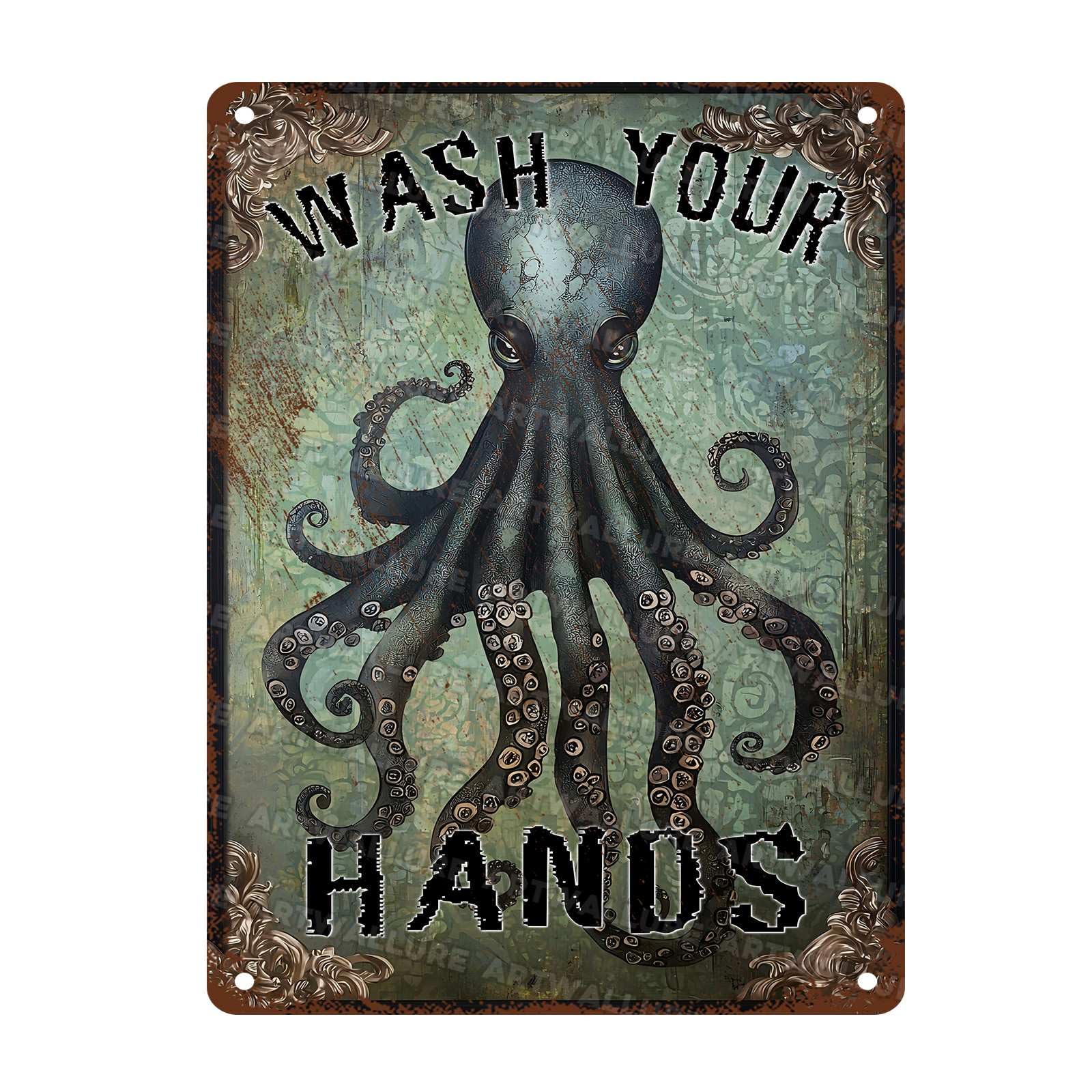Funny Octopus Vintage Tin Sign Wash Your Hands Metal Tin Signs Bathroom Signs Restroom Decor Guest Wall Decor 12x16Inch