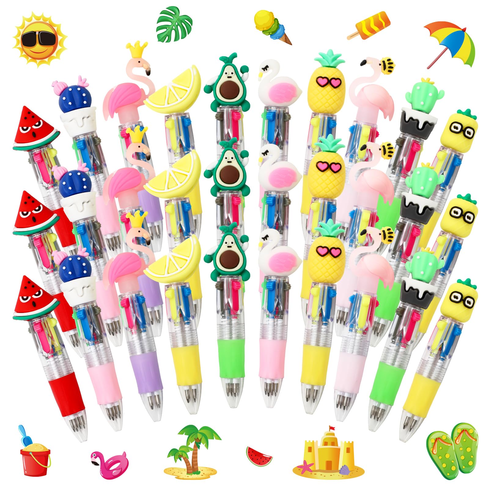 JarThenaAMCS 30Pcs Hawaiian Mini Multicolor Ballpoint Pens Cute Summer Style 4-in-1 Retractable Pen Bulk for Birthday Party Classroom Student Prizes