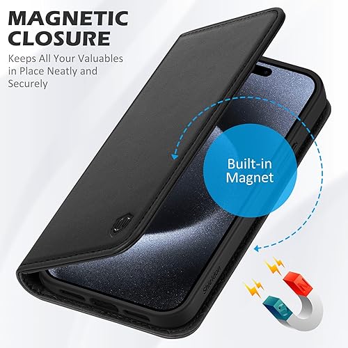 Miniatura 6 de SHIELDON Funda para iPhone 15 Pro 5G, cuero genuino desmontable 2 en 1, cartera con función atril y bloqueo RFID, soporte para tarjetas, magnético,