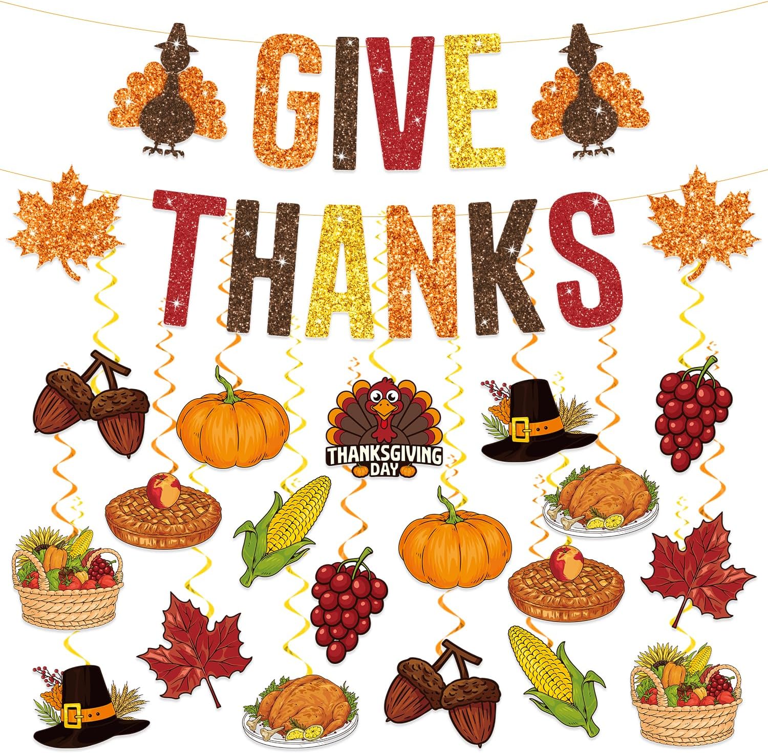 Thanksgiving Decorations, 42 Pcs Pre-Assembled Friendsgiving Party Decor Includes GIVE THANKS Banner, Happy Thanks Giving Hanging Swirls Decor for Indoor Outdoor Wall Party Supplies