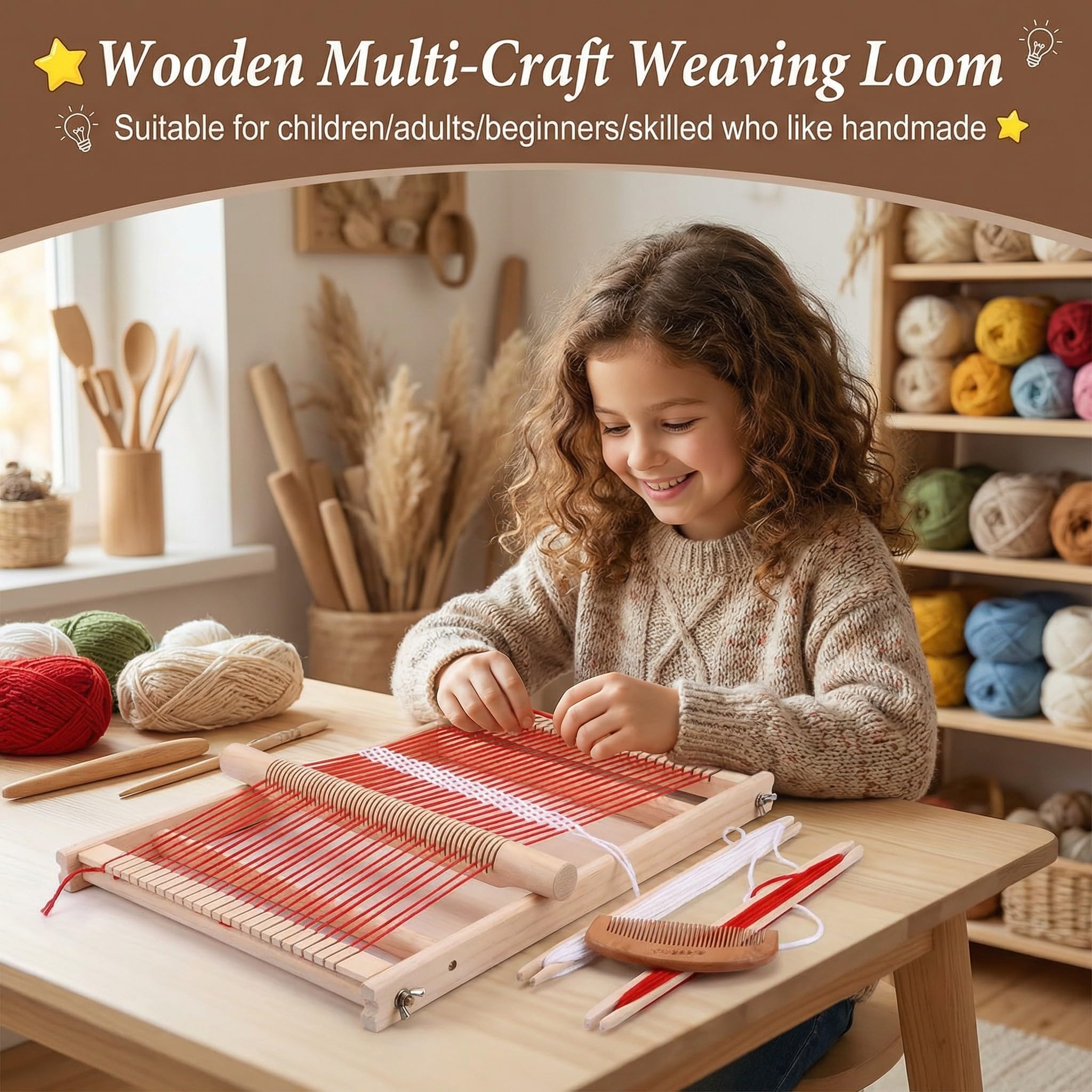 SOONHUA Métier à Tisser En Bois, Cadre Scolaire Avec Bateaux, Machine à Tricoter à la Main Bricolage,Kit de Métier Multi-Métier pour Débutants Et Enfants