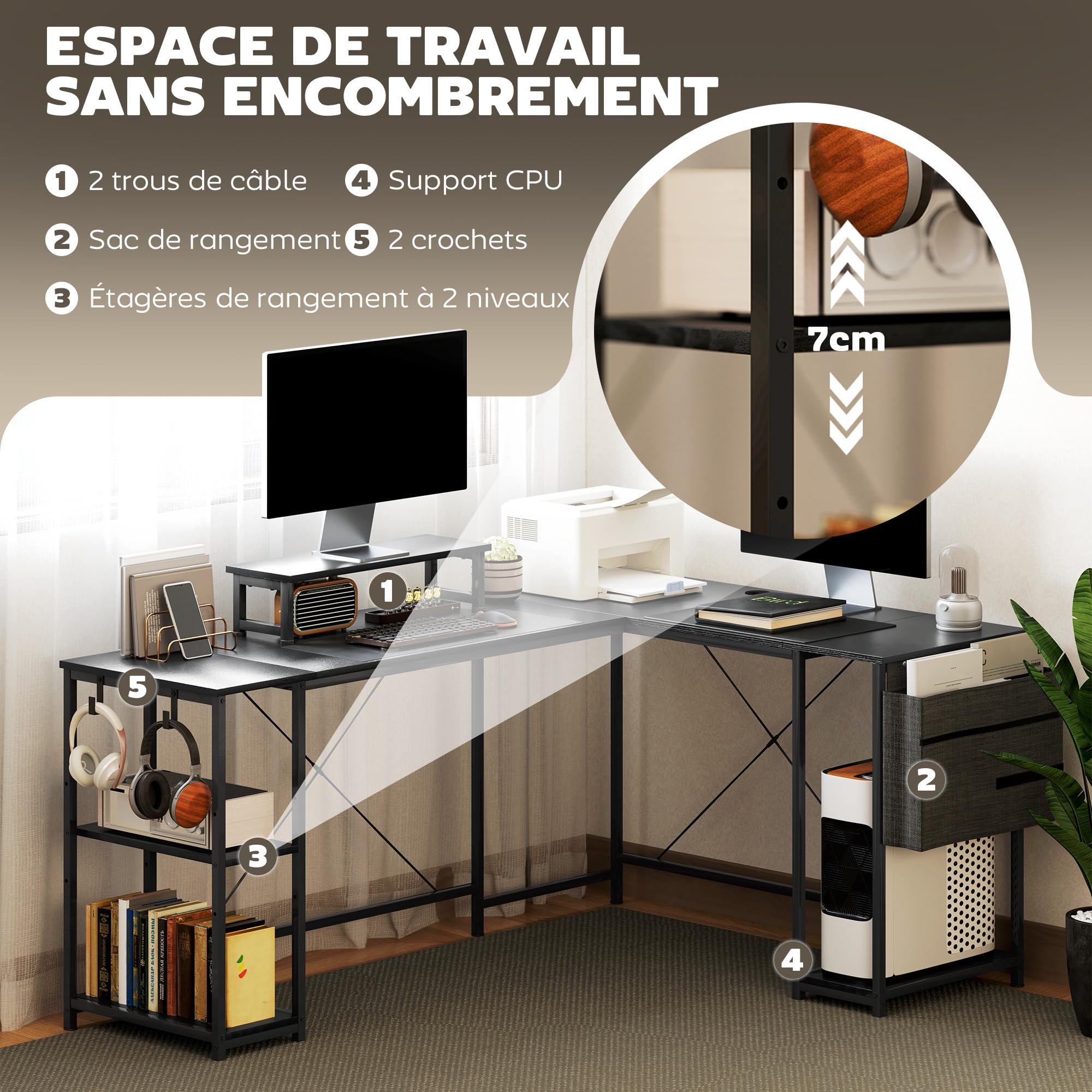 HOMCOM Escritorio en L Reversible 168cm, Estante Ajustable 240cm, Negro