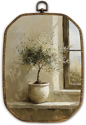 Yjeslw Decoración de pared octágono de olivo rústico vintage, impresiones en lienzo con marco botánico neutro rústico, decoración rústica para