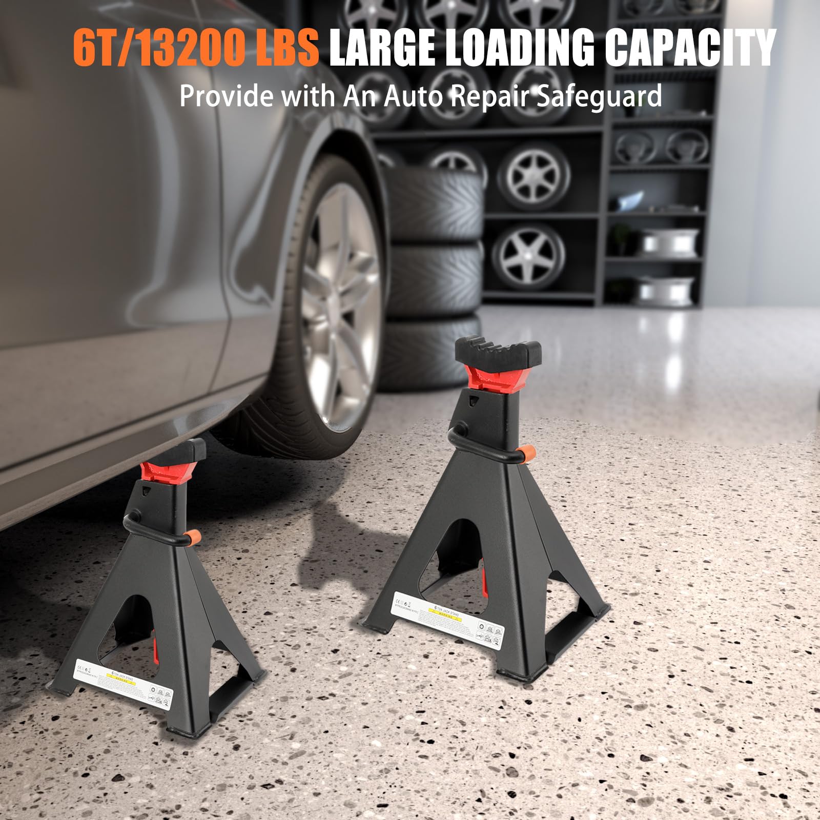 cavalletti per auto 6T Set da 2, Regolabili 390-585 mm, Struttura in Acciaio al Carbonio, Doppia Sicurezza, Ideali come cavalletto di Supporto per Roulotte e Camper in Officina o Viaggio