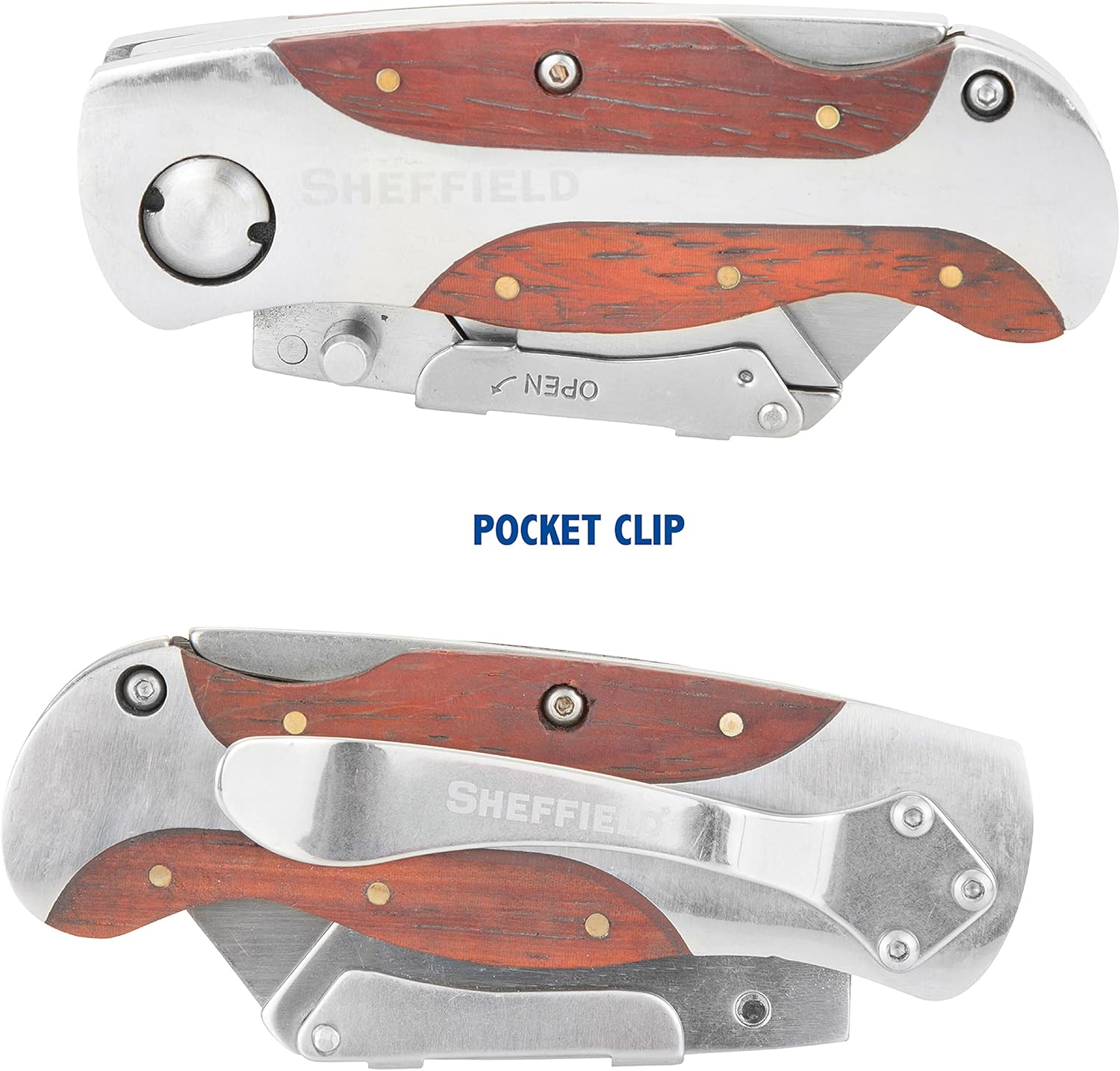 Sheffield 12818 Folding Utility Knife with Leather Sheath, Stocking Stuffers, Gifts for Men, Dad Gifts, Quick-Change Utility Knife Blades, Lightweight Hardwood Handle, Box Cutter, Cardboard Cutter