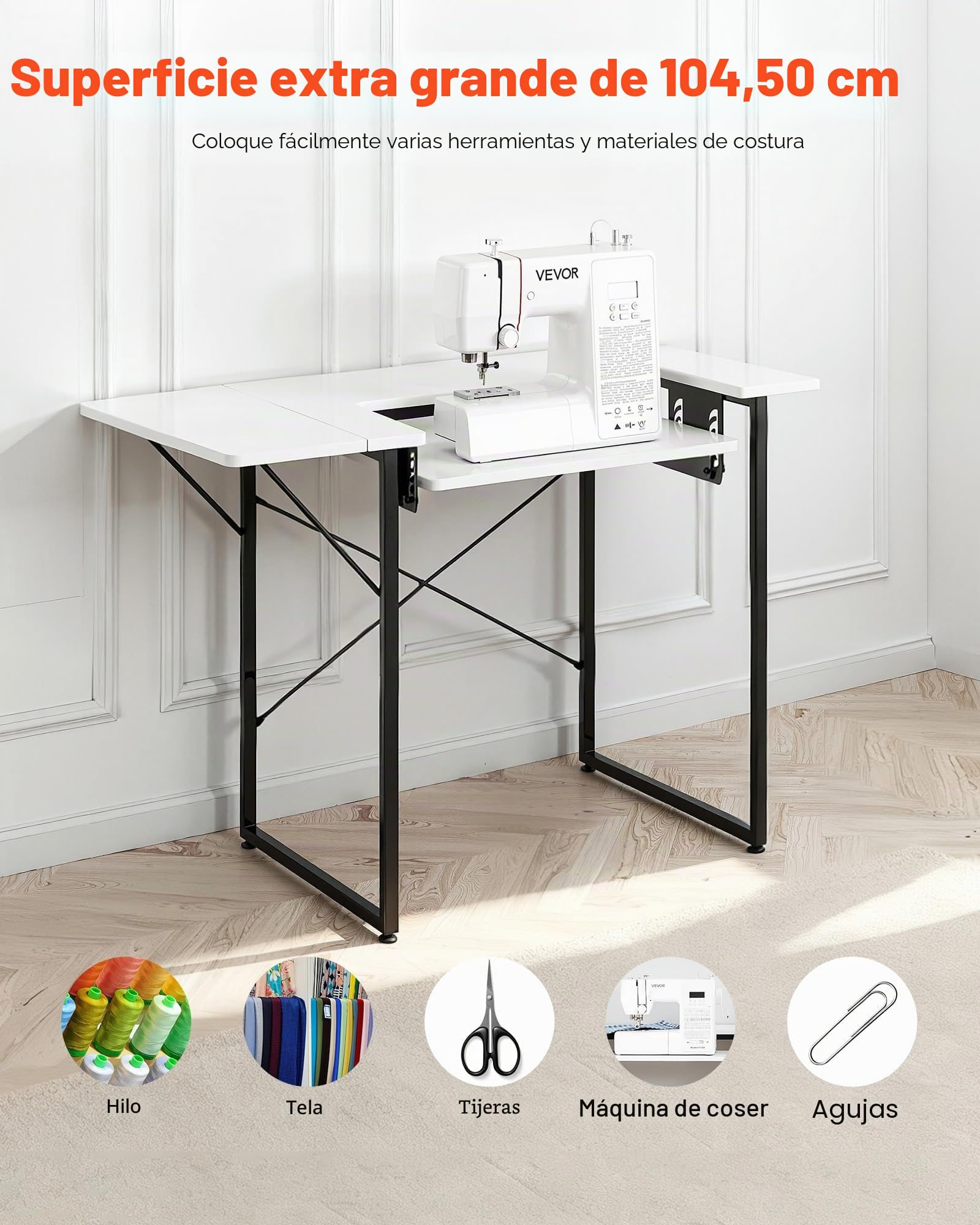 VEVOR Mesa de Costura con Tablero Plegable, Estante Ajustable y Patas de Acero, Multiusos, para Estudio de Moda en Casa, Estudio de Arte, Institución Educativa, Color Blanco, 1045 x 600 x 760 mm