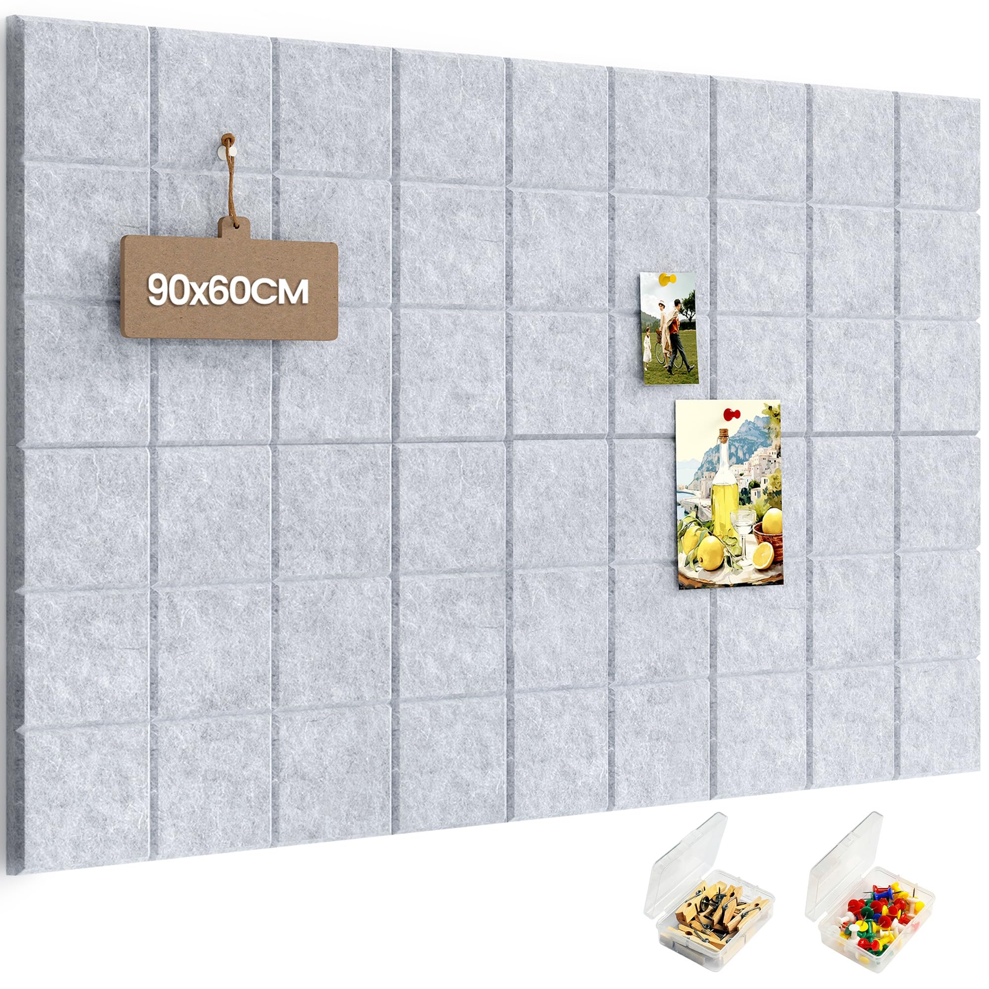 Gran Corcho Pared Autoadhesivo 30x30 cm - 6 Piezas Tablero de Corcho Fieltro para Oficina Casa - Tablón de Anuncios con 30 Chinchetas para Fotos Notas