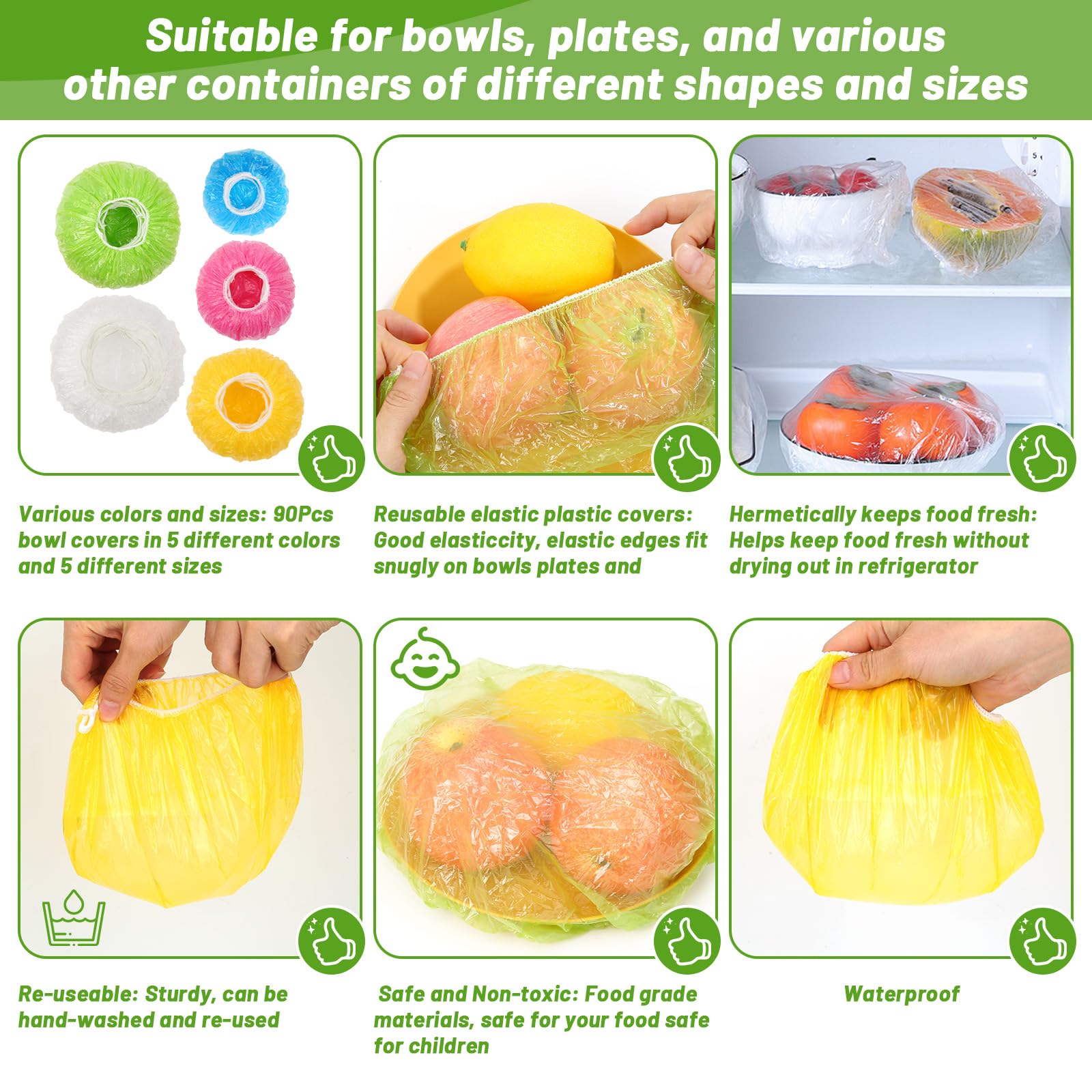 Sublaga - 90 fundas elásticas reutilizables para almacenamiento de alimentos, variedad de 5 tamaños translúcidos elásticos y coloridos platos de platos, alternativa al papel de aluminio, envoltura de