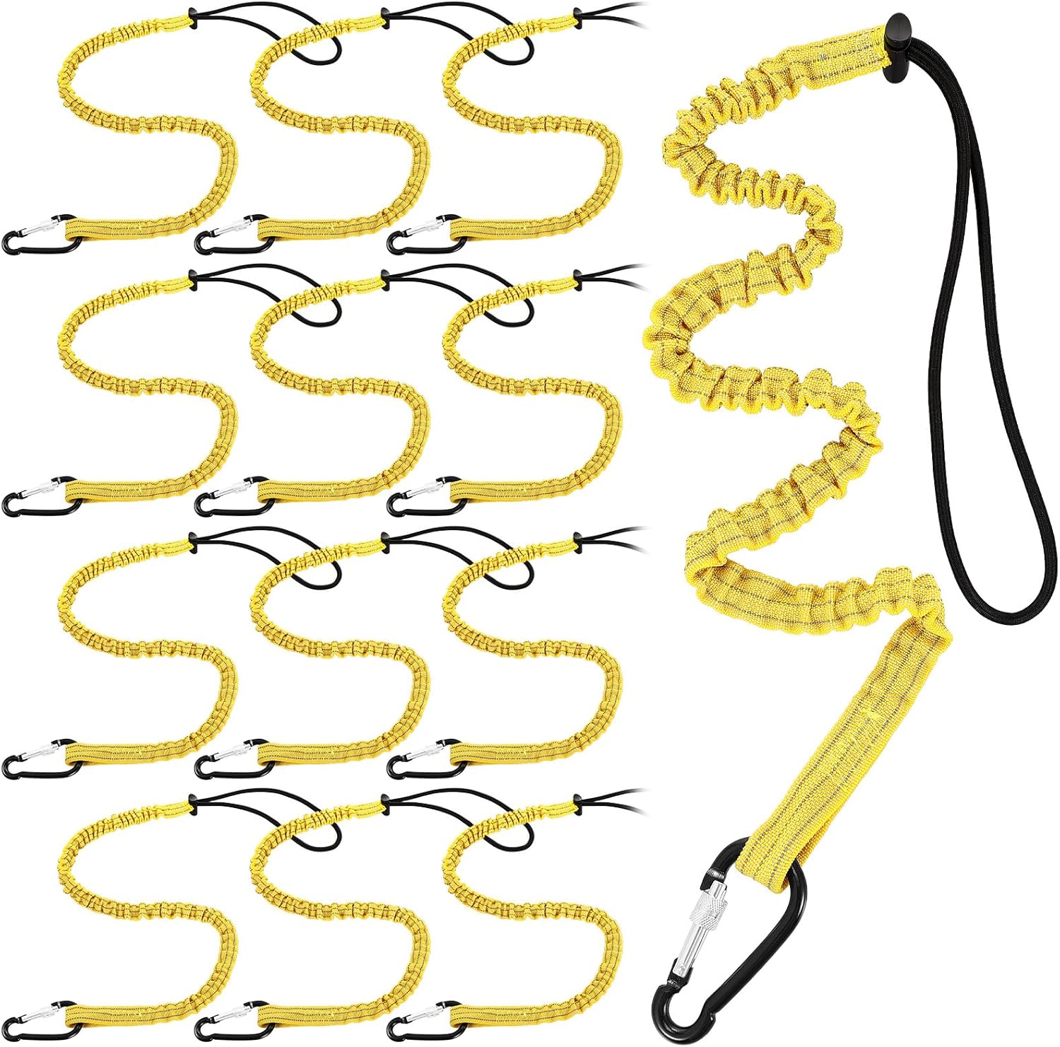 12 Pack Tool Lanyard with Single Metal Buckle and Adjustable Loop End, Standard Length, Maximum Weight Limit 8KG/ 17.6lb, with Aluminum Screw Lock, Retractable Shock Cord Stopper (Yellow)