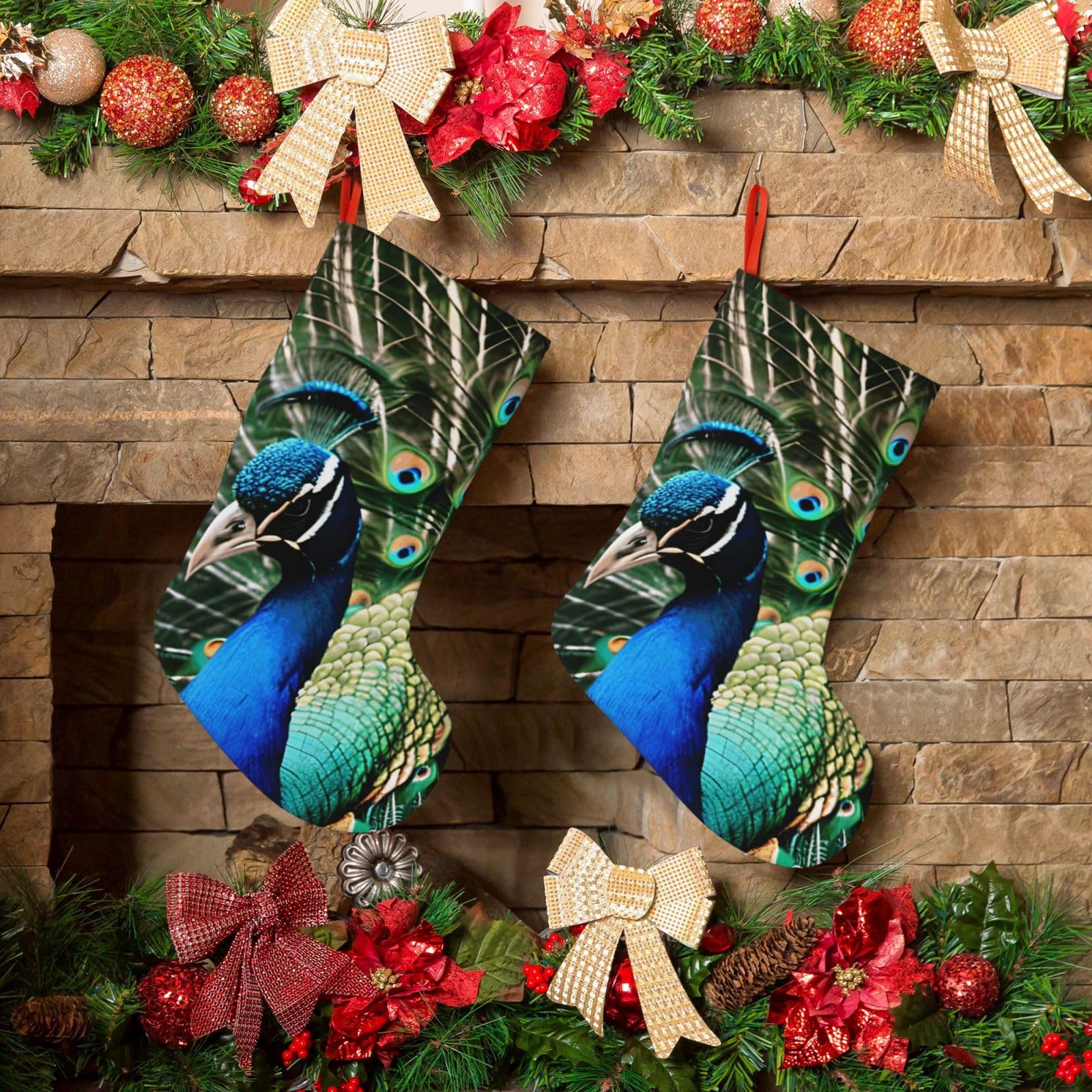 Peacock Christmas Stockings 18 Inches Velvet Xmas Fireplace Hanging Stocking Rustic Christmas Santa Stockings for Home Christmas Decorations Party Favor Supplies