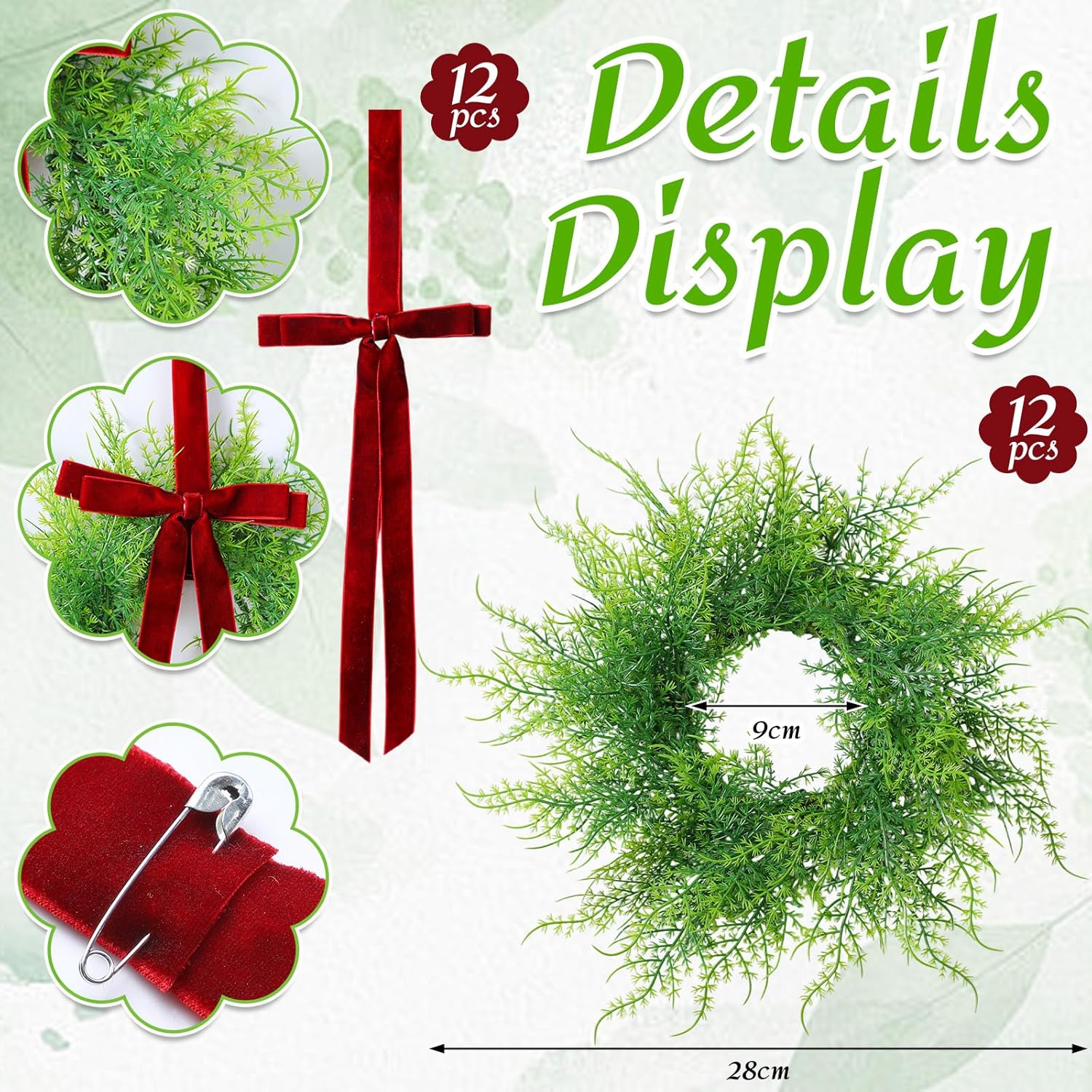 XunYee 12 Pack Small Christmas Wreath for Cabinet Home Kitchen Whimsical Decor with Velvet Bow 11" Persian Grass Lime Green Green Fern Mini Wreaths for Xmas Home Candle Window Chair Fence Decor