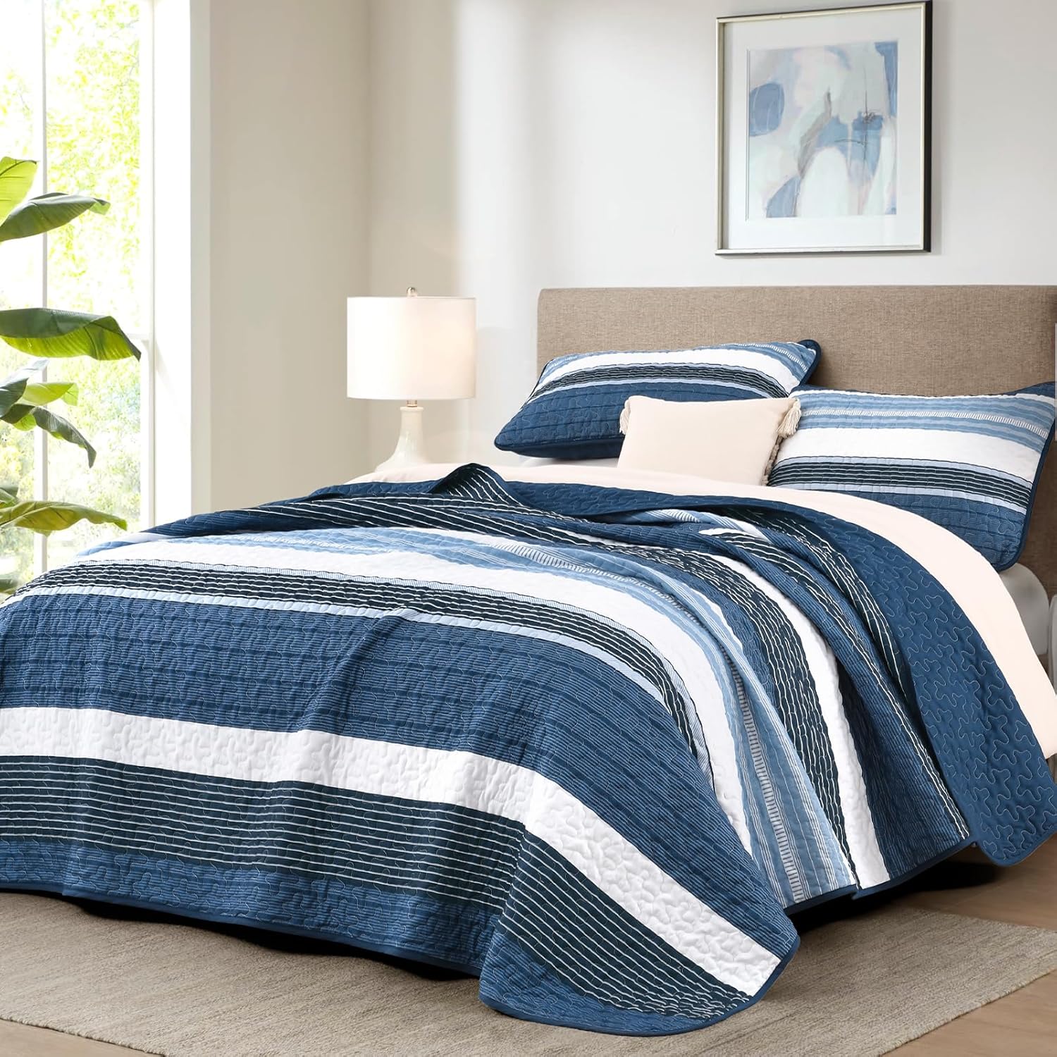 King Size Quilt Set Blue Striped 3 Piece Summer Patchwork Bedspreads Coverlet, Blue and White Lightweight Bedding Set with 2 Pillow Shams, Soft Microfiber Comforter Set for All Seasons, 110" × 90" - Image 2