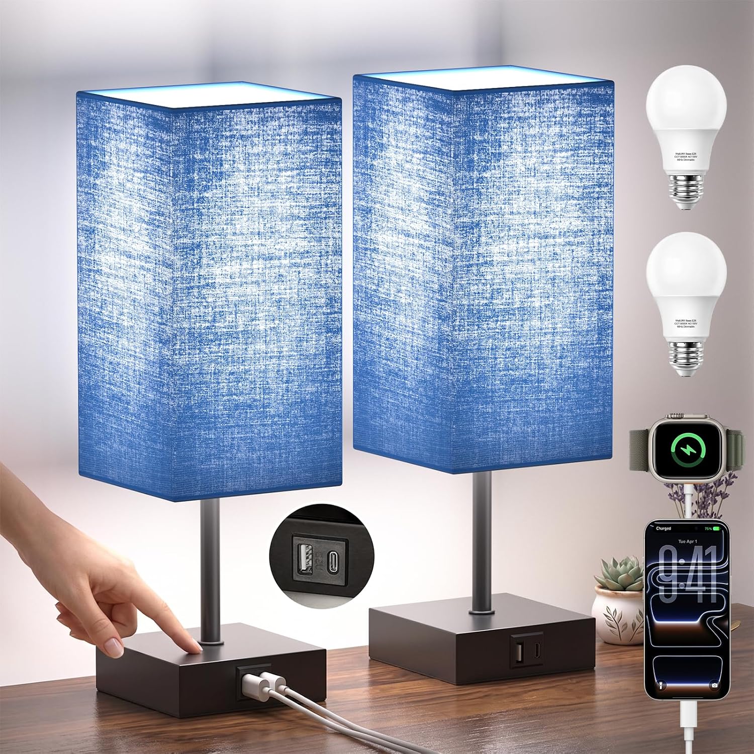 Bedside Table Lamps for Bedroom Touch Nightstand Lamp with USB C+A