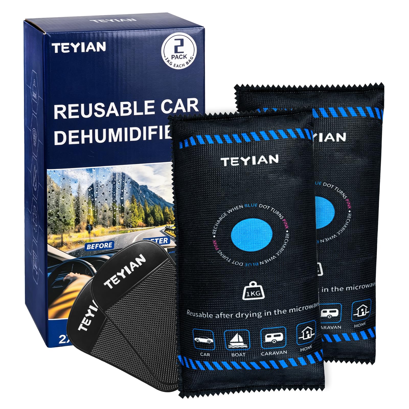 TEYIAN 2Pack 1kg Car Dehumidifier Bags Reusable Car Accessories with Anti-Slip Pads Moisture Damp Condensation Absorber