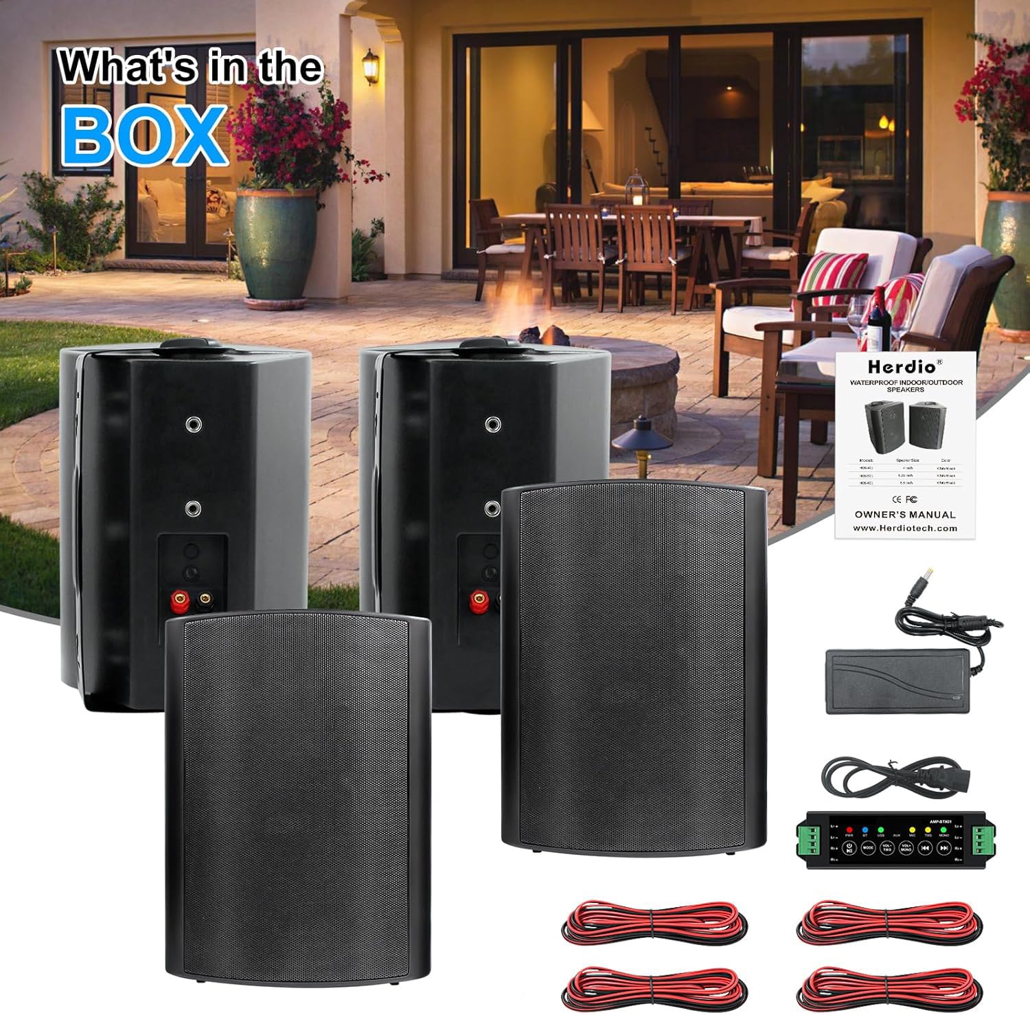Herdio 6,5 Pouces Bluetooth Enceintes d'extérieur - Parleur 800W Haut - Parleur d'extérieur avec Source boîte d'amplificateur stéréo idéal pour terrasse extérieure Jardin Veranda (4 Noirs)