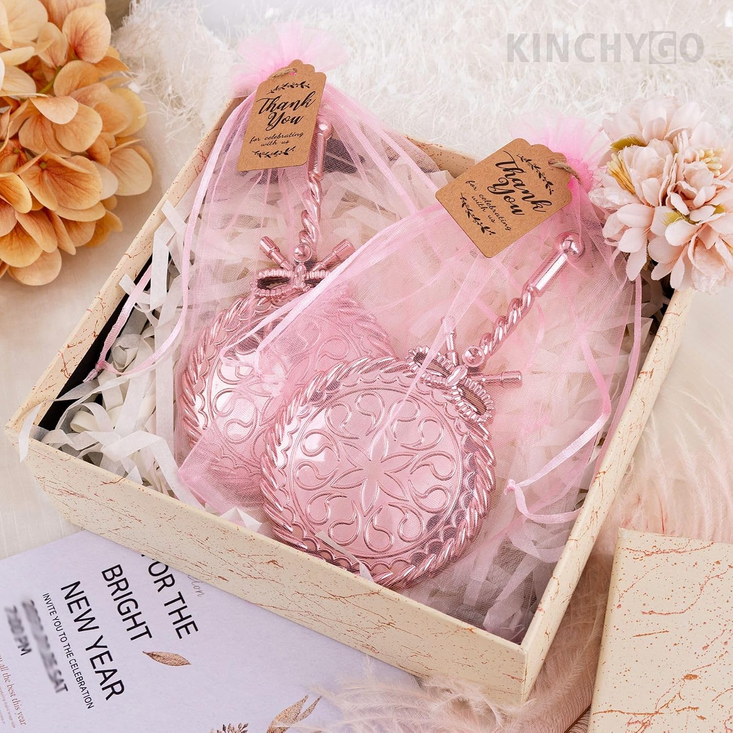 12 Set Bow Handheld Mirror, Round Compact with Gift Bags, Pink