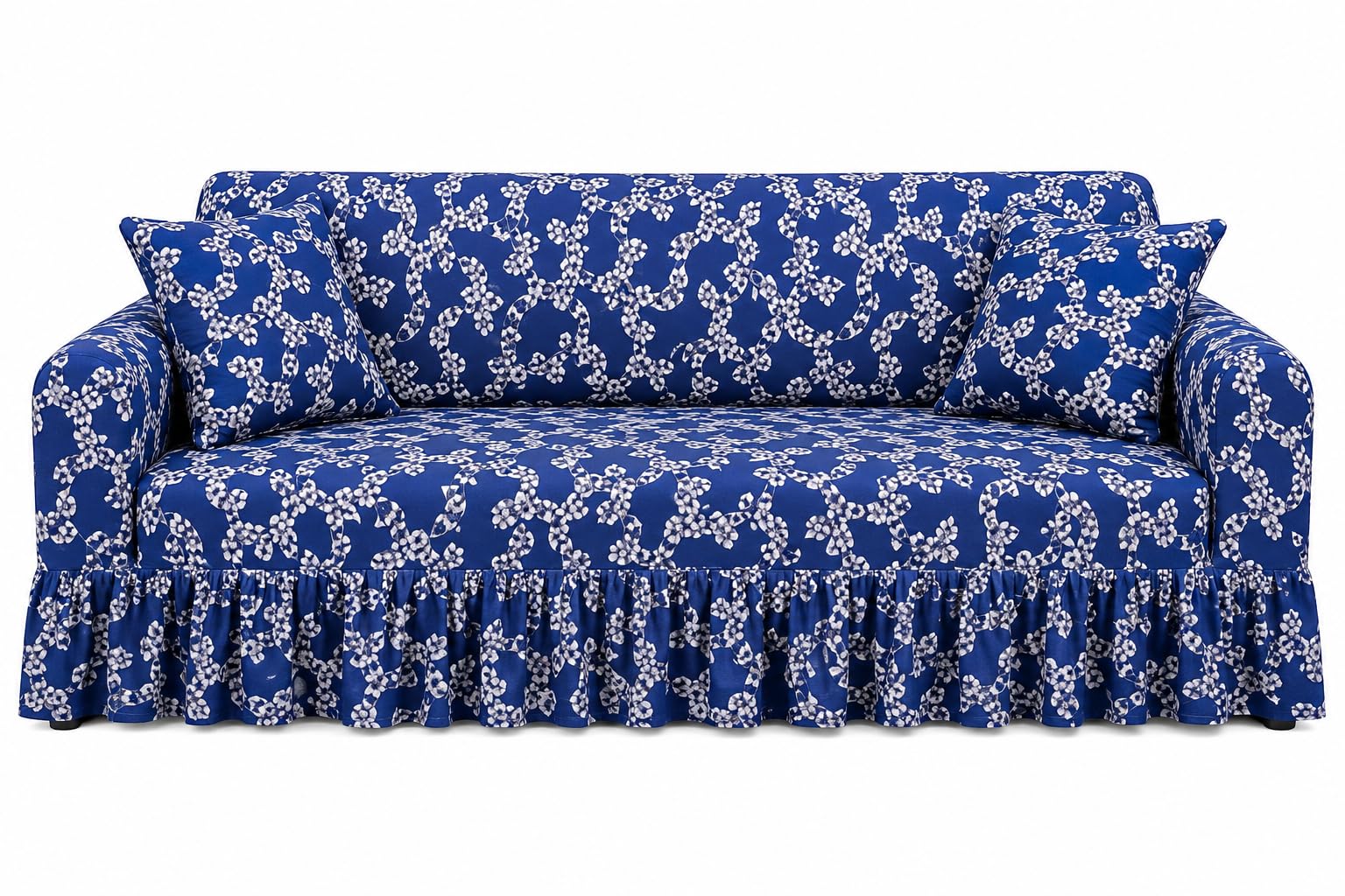 Premium Blue Floral Printed 3 Seater Sofa Cover | Stretchable Washable Slipcover | Elastic Furniture Protector | Soft Anti-Dust Living Room Couch Cover | Includes 2 Cushion Covers-image-18