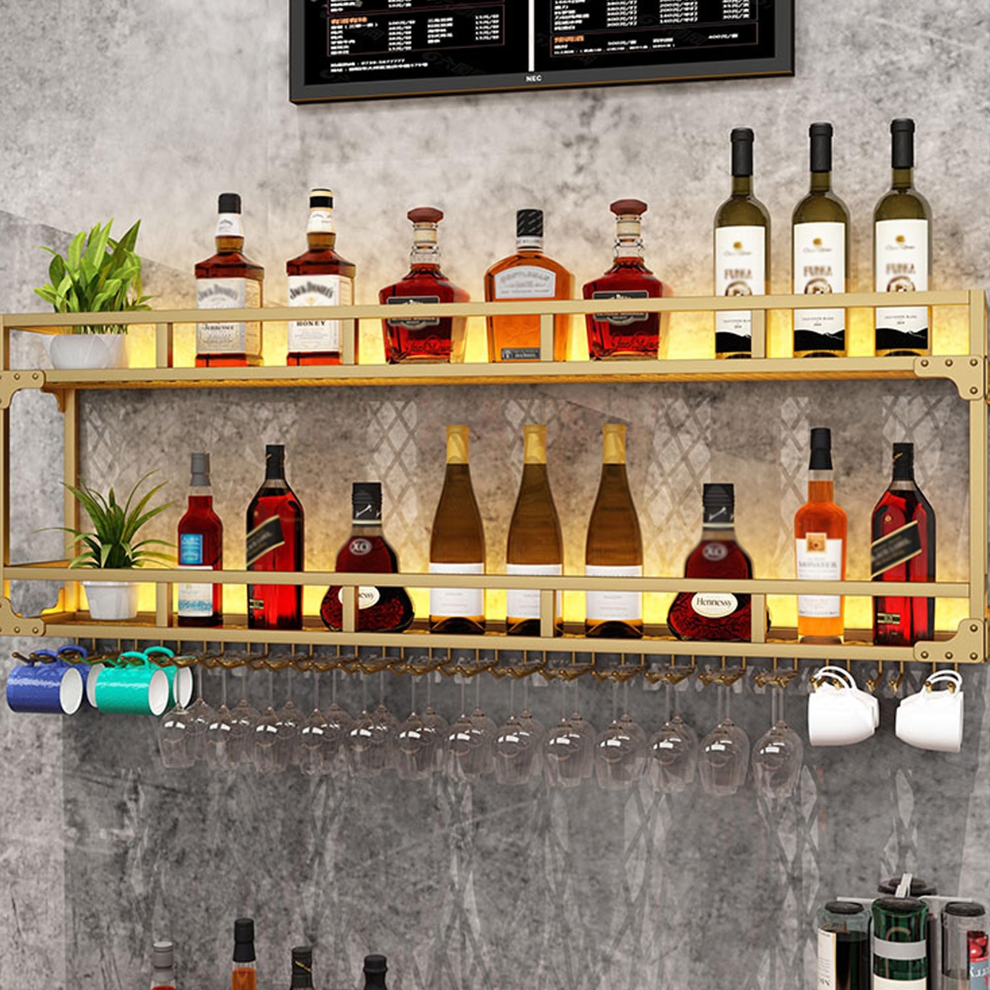 Portabottiglie da parete con luce a LED e sospensione in vetro, elegante mobile da bar per cucina, soggiorno e cantina (D: 200 x 25 x 54 cm)