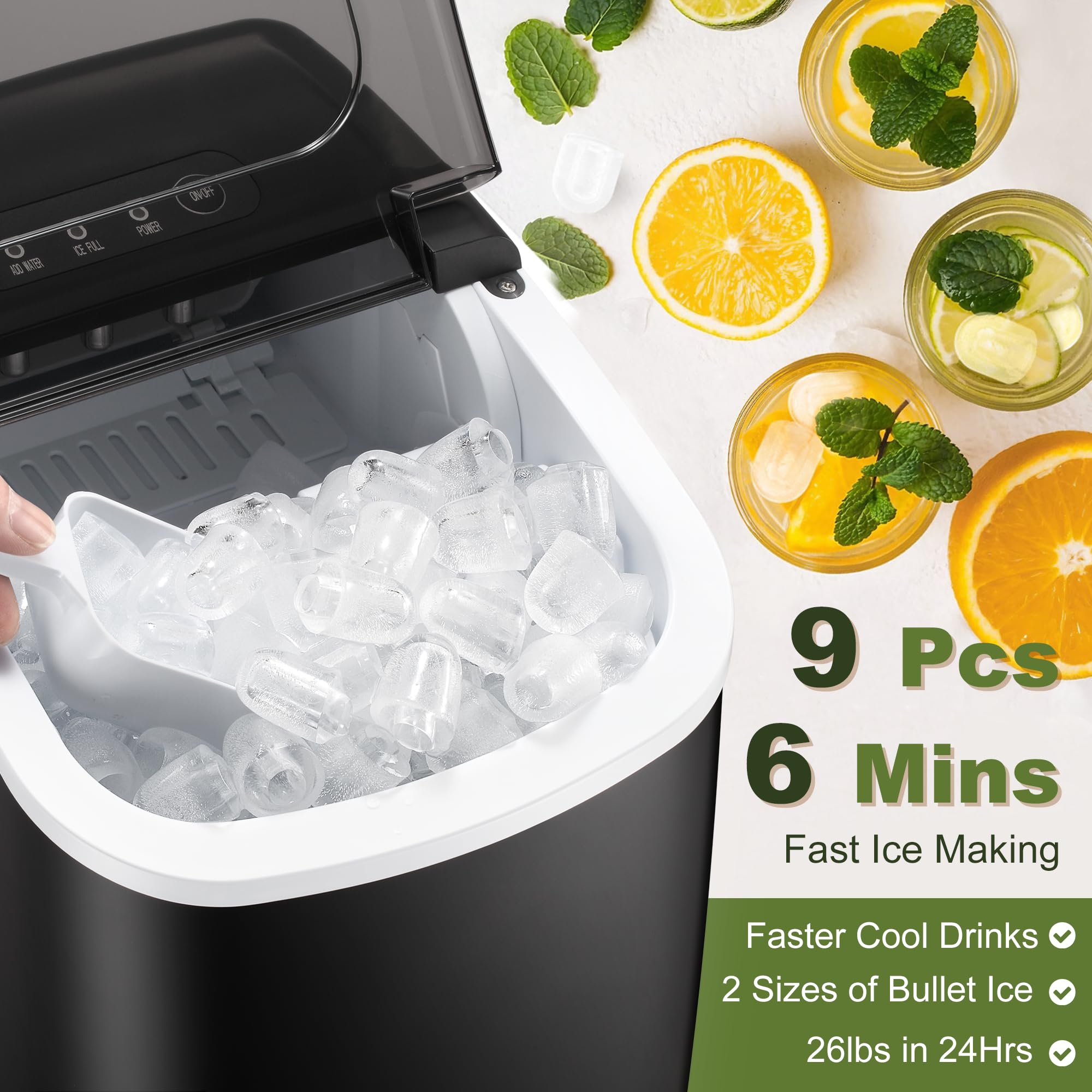 Nicbex Ice Makers Countertop, Ice Machine Maker Countertop With Self-Cleaning, 26lbs/24h, 9 Cubes In 8 Mins, Bullet-Shaped Ice Cube Maker, Commercial, Small Ice Maker, Portable, Black on Fridge.com - View 5