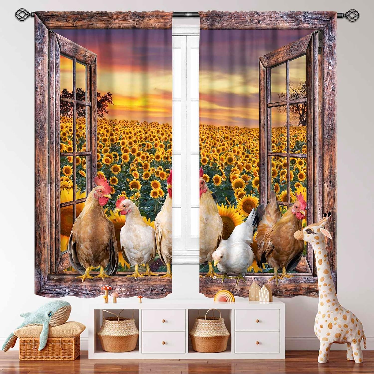 Rooster Kitchen Curtains,Farmhouse Farm Sunflower Vintage Chicken Rustic Wooden Barn Small Short Cafe Window Curtains Country Rod Pocket Bedroom Living Room Bathroom Drapes 2 Panels,42x63 Inch