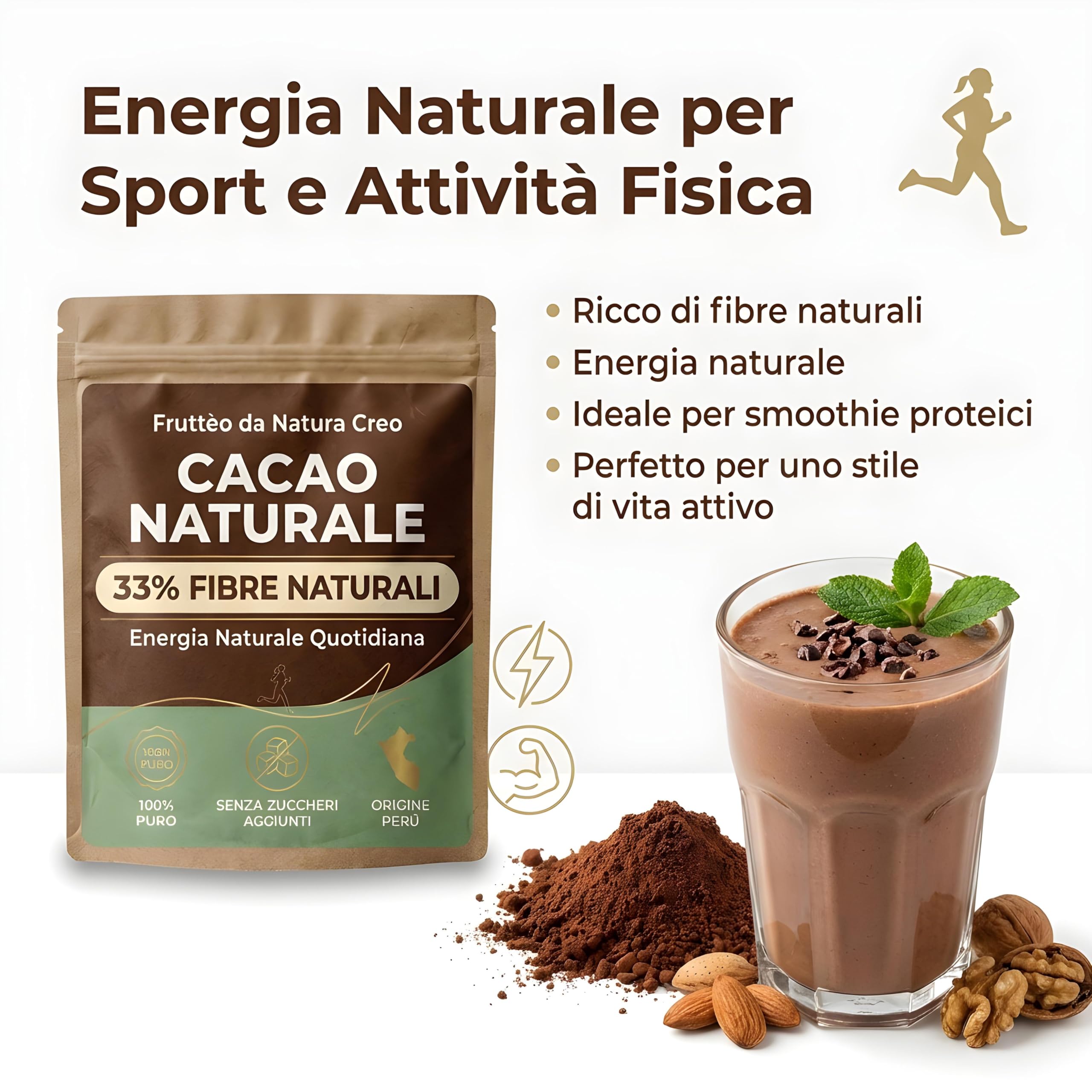 Cacao Amaro in Polvere 1 Kg – 100% Naturale Non Alcalinizzato – Alto Contenuto di Fibre (33%) – Senza Zucchero – Ideale per Dieta, Fitness e Colazione Sana