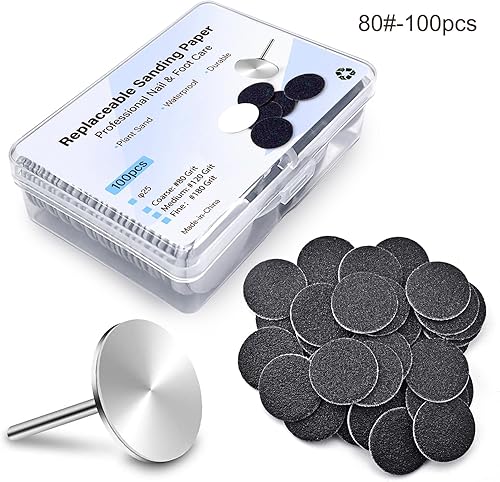 Miniatura 2 de 100 discos de papel de lija con 1 eje de metal, almohadillas de lijado reemplazables para limas eléctricas de pies, cutículas de callos, cutículas y