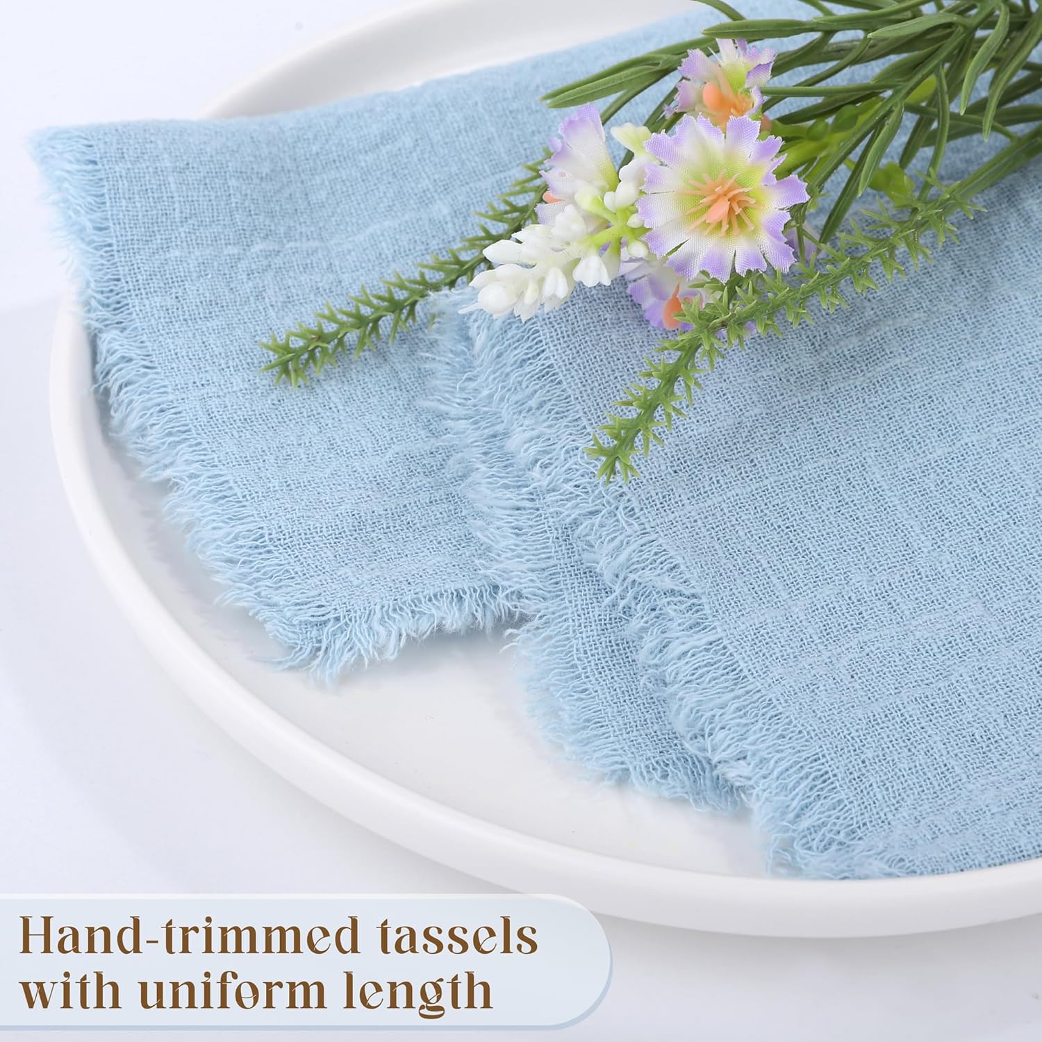 TURSTIN 24 Pieces Cotton Linen Cloth Napkin Handmade Cloth Napkin with Fringe 17 x 17 Inch Soft Cloth Dinner Wedding Napkin Square Rustic Fringe Table Napkin for Dinners, Parties, Weddings, Light Blue