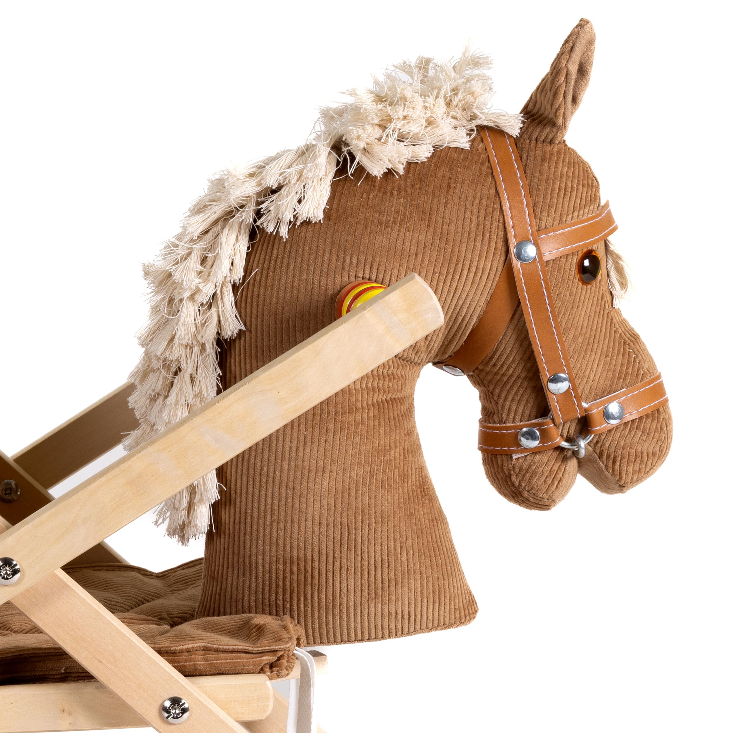 Schaukelpferd Holz mit weichem Cord