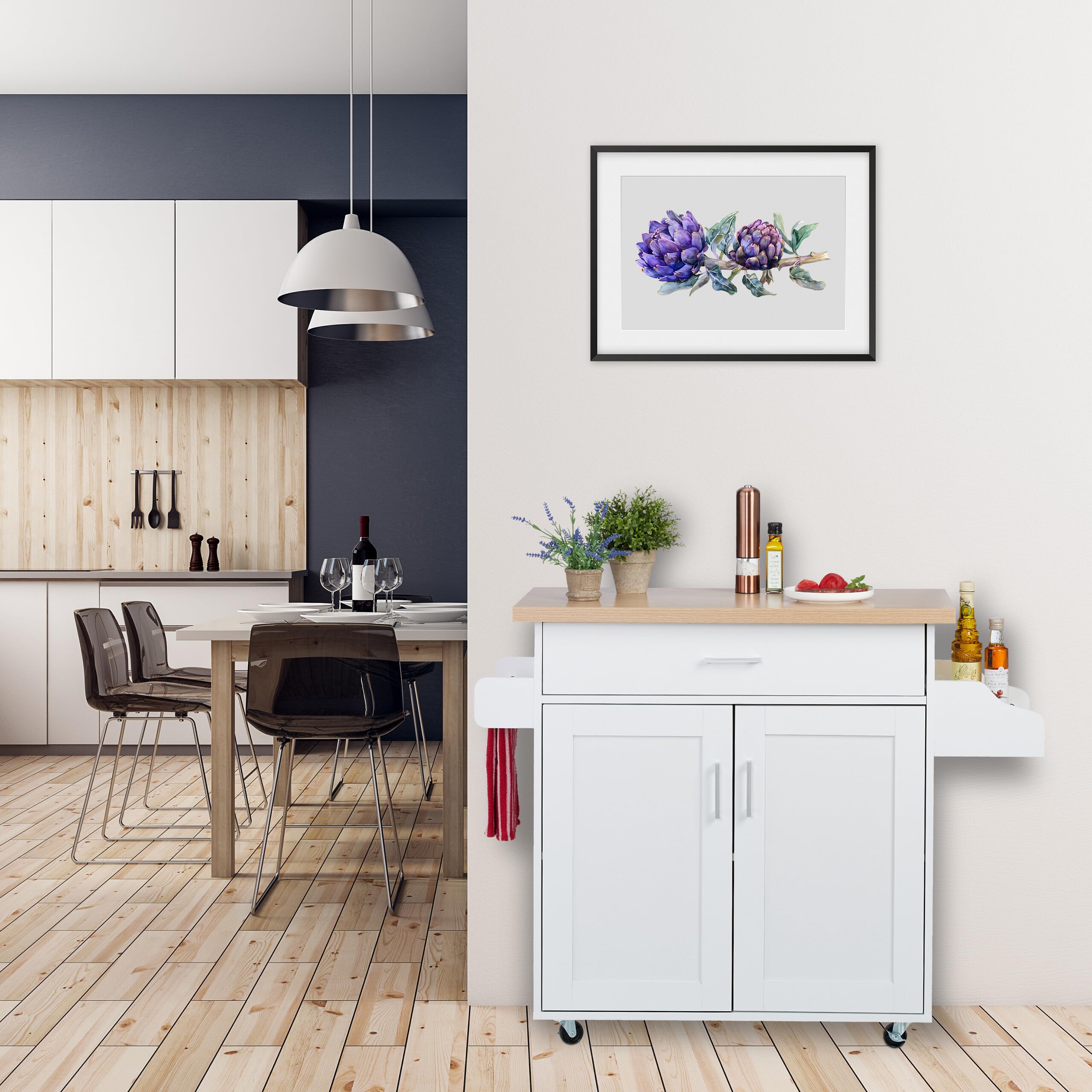 Relaxdays Carrito Auxiliar de Cocina, Camarera con Encimera y Cajón, 2 Compartimentos, 90x114,5x39,5 cm, Blanco/Natural, Tablero de Fibras