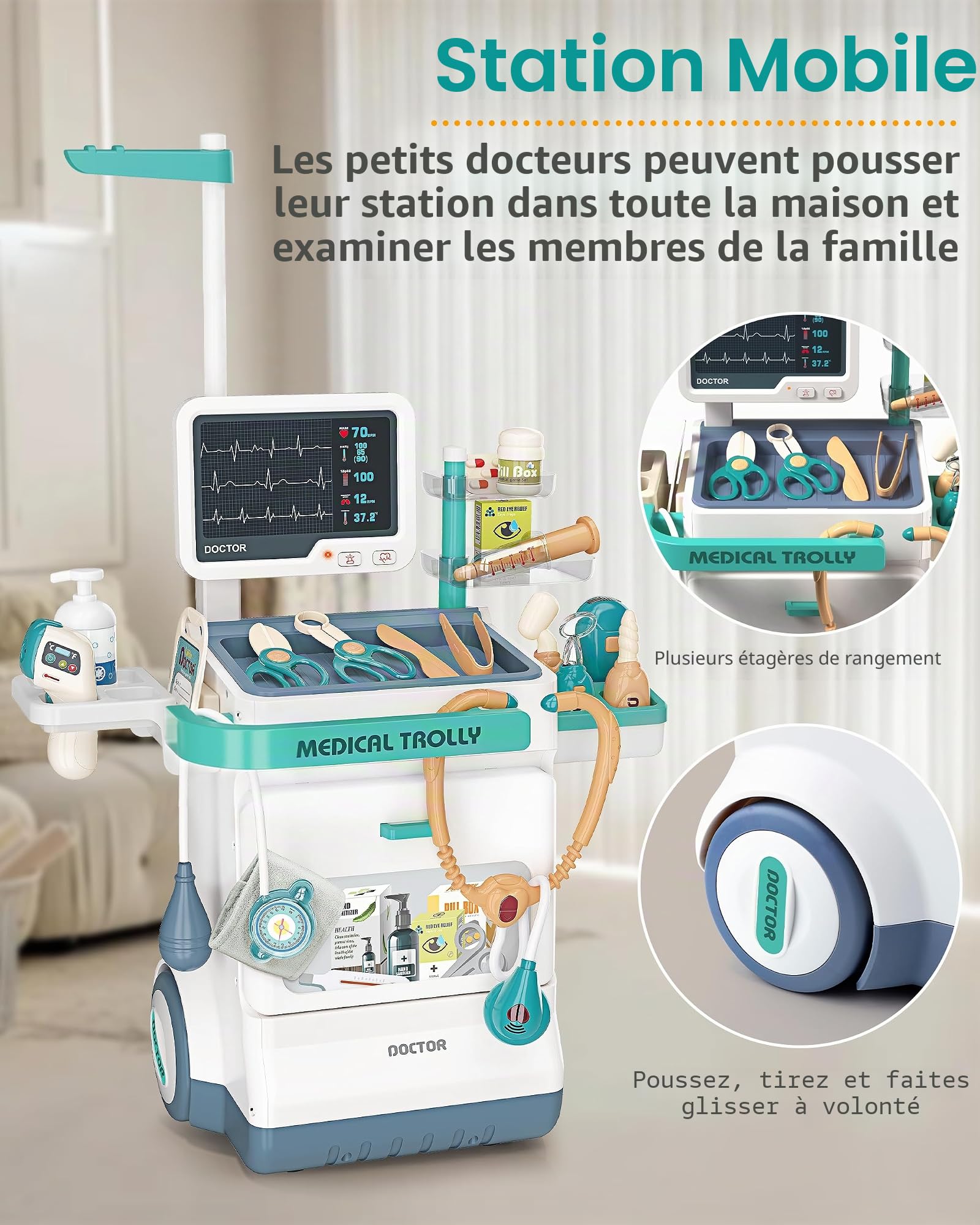 JOVOW Kit de médecin Jouet, avec Malette Docteur et Blouse, Ensemble de Jeu Médical Simulé de 28 Pièces avec Chariot Médical Mobile Equipé de lumières et Son pour 3 Ans+ Enfant Garçons Filles