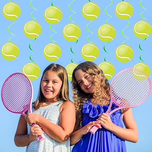 Miniatura 5 de 60 piezas de decoración de remolinos de papel de aluminio para fiesta de tenis, pancartas colgantes de techo con pelota de tenis, decoración de