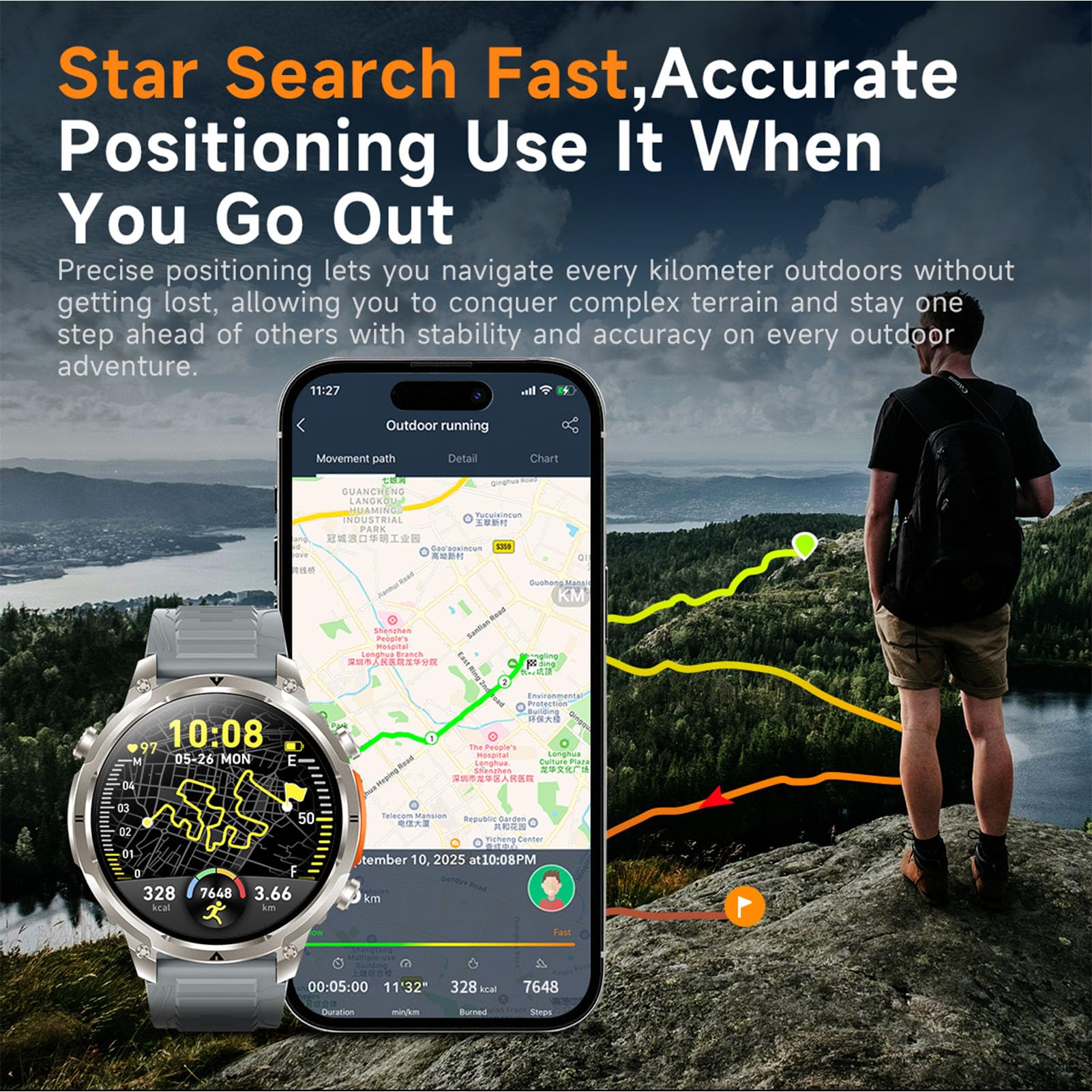 GPS Orologio Collegato Uomo Donna Sport Impermeabile Multiattività Pedometro Chiamate Bluetooth10 giorni di autonomia Monitor Frequenza Bussola Monitoraggio della Pressione Atmosferica, Altimetro 1ATM