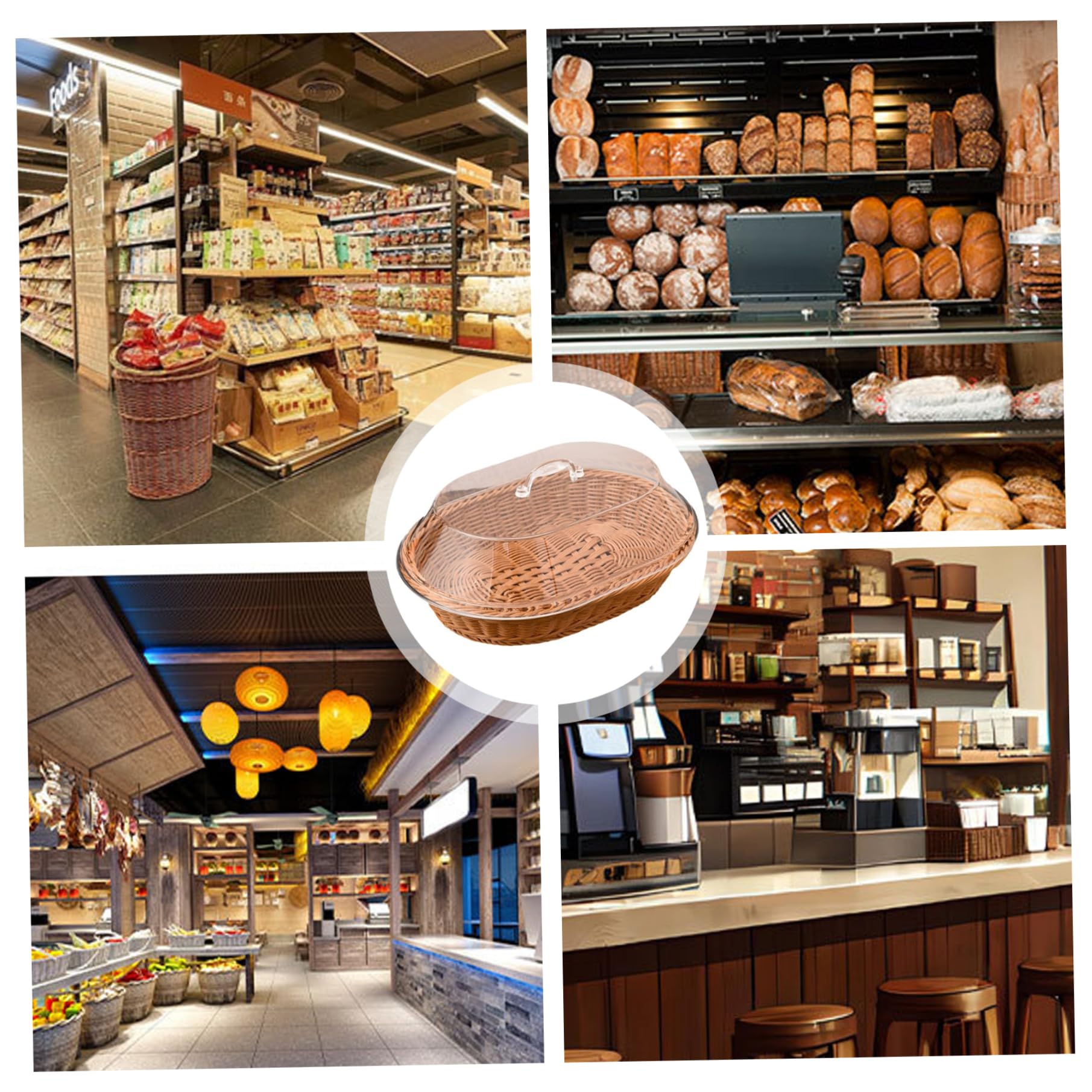 Cestas de pan de mimbre, cesta de polipropileno tejido con tapa acrílica, bandeja de dulces de bocadillos ovalados para el organizador de dulces para exhibición de alimentos Bakery Bakery Family/14x1