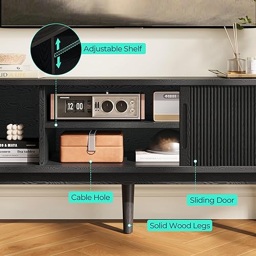 Miniatura 7 de LINSY HOME Soporte de TV acanalado para TV de 65 pulgadas, moderno centro de entretenimiento de madera de mediados de siglo con puerta corredera y