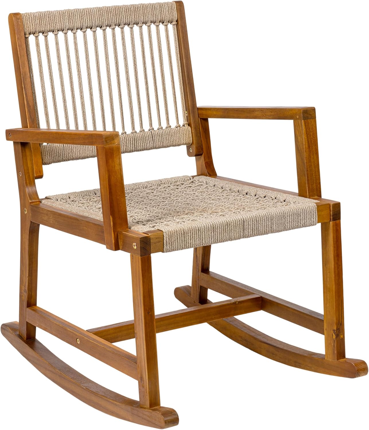 JONATHAN Y Outdoor Rocking Chair, Acacia Wood Coastal Casual Patio Rocker with Rope Back, Beige/Natural, for Porch, Deck, Garden (RCK103B)