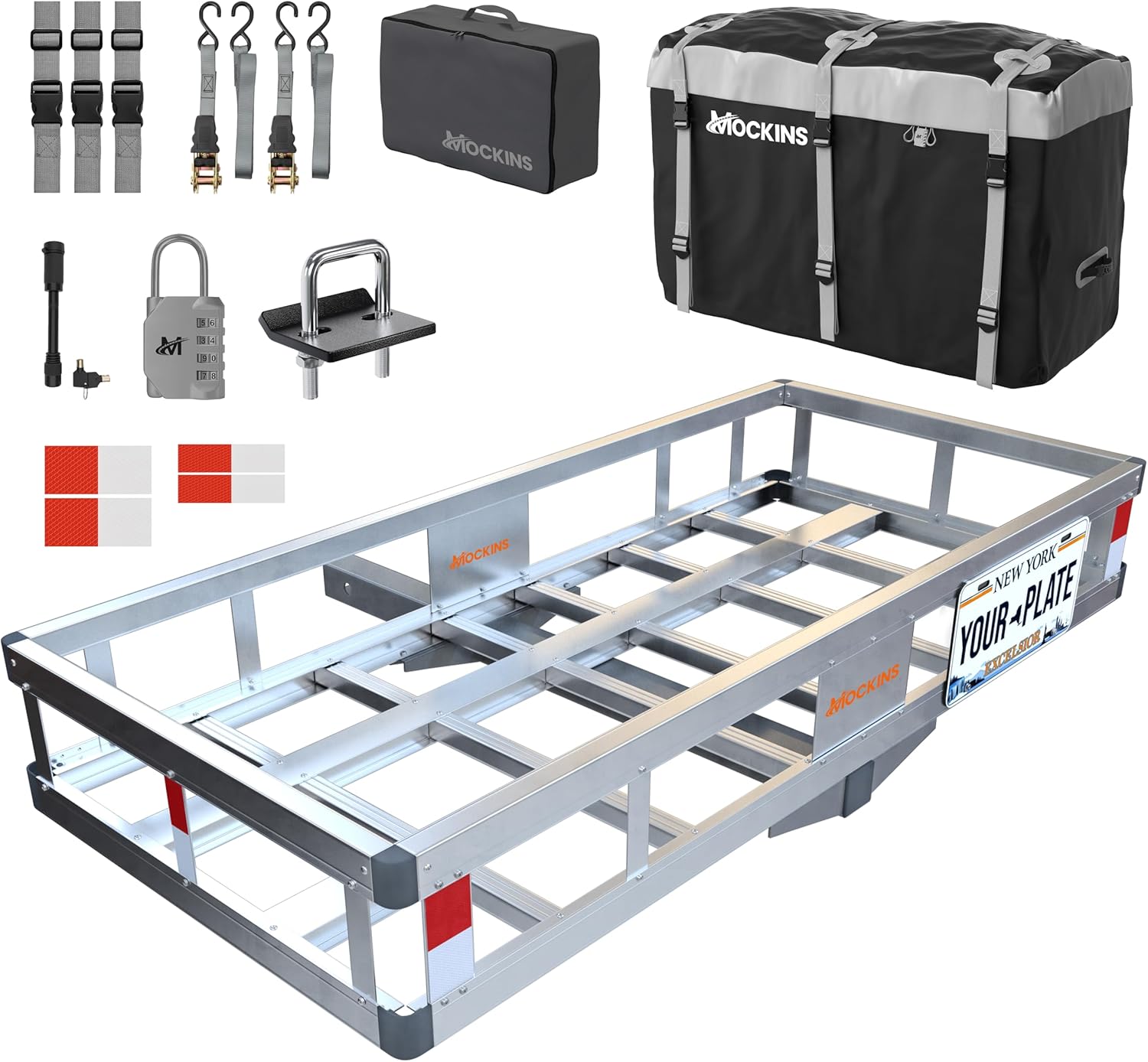 Mockins 500 lbs Aluminum Hitch Cargo Carrier Basket with 20 Cu Ft Waterproof Bag, Locks, Stabilizer for 2" Receivers