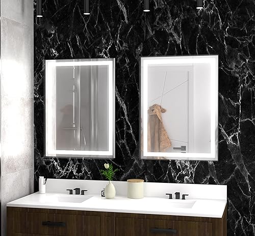 B&C Espejo de baño LED de 20 x 28 pulgadas con luces de luz diurna de grado comercial de alto lúmenes, espejo de maquillaje con regulador