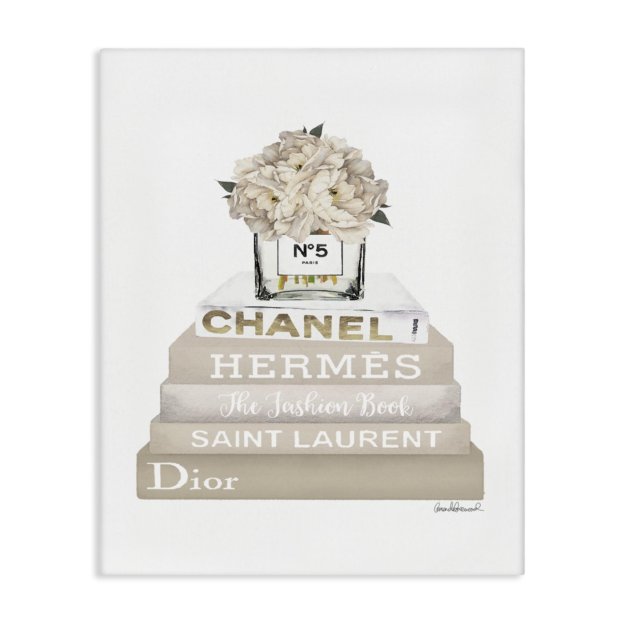 Glam Beige Fashion Bookstack Floral, 16 x 20 Inch Canvas Wall Art