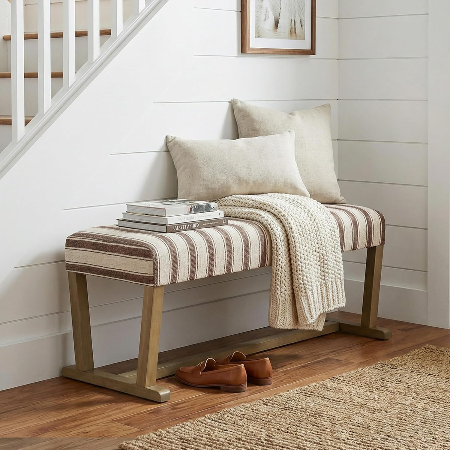 VKNOW 41" Upholstered Entryway Bench, Ottoman Bench with Cushion and Rubber Wood, Kitchen Dining Seat, End of Bed Bench for Bedroom, Living Room, Dining Table, Brown