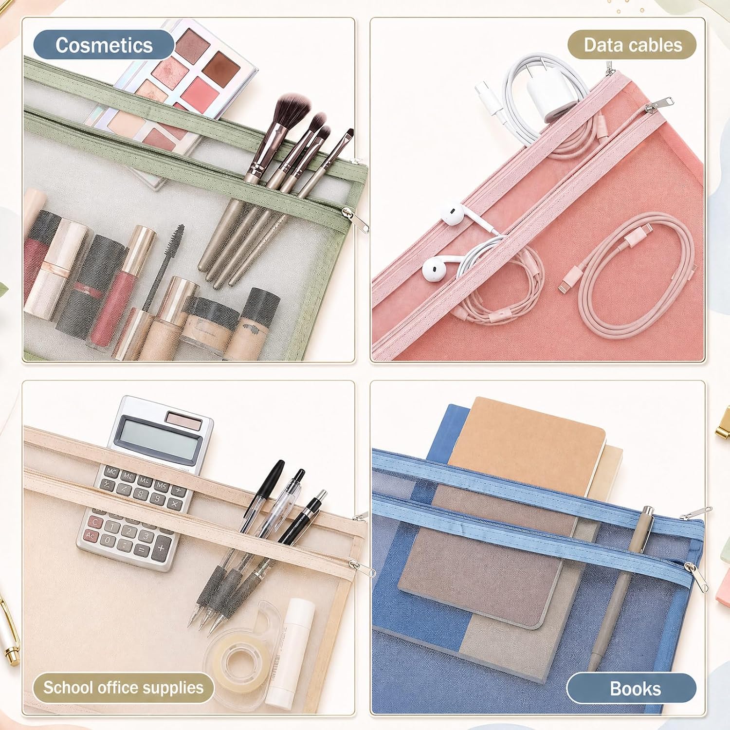 Marspark 20 Pack Mesh Zipper Pouch Bags, Nylon Puzzle Building Block Sets Toy Storage Organization Clear Zipper Pouches with Handles for Travel Office Games, 5 Colors (A4,A5,A6,Pastel Mix)