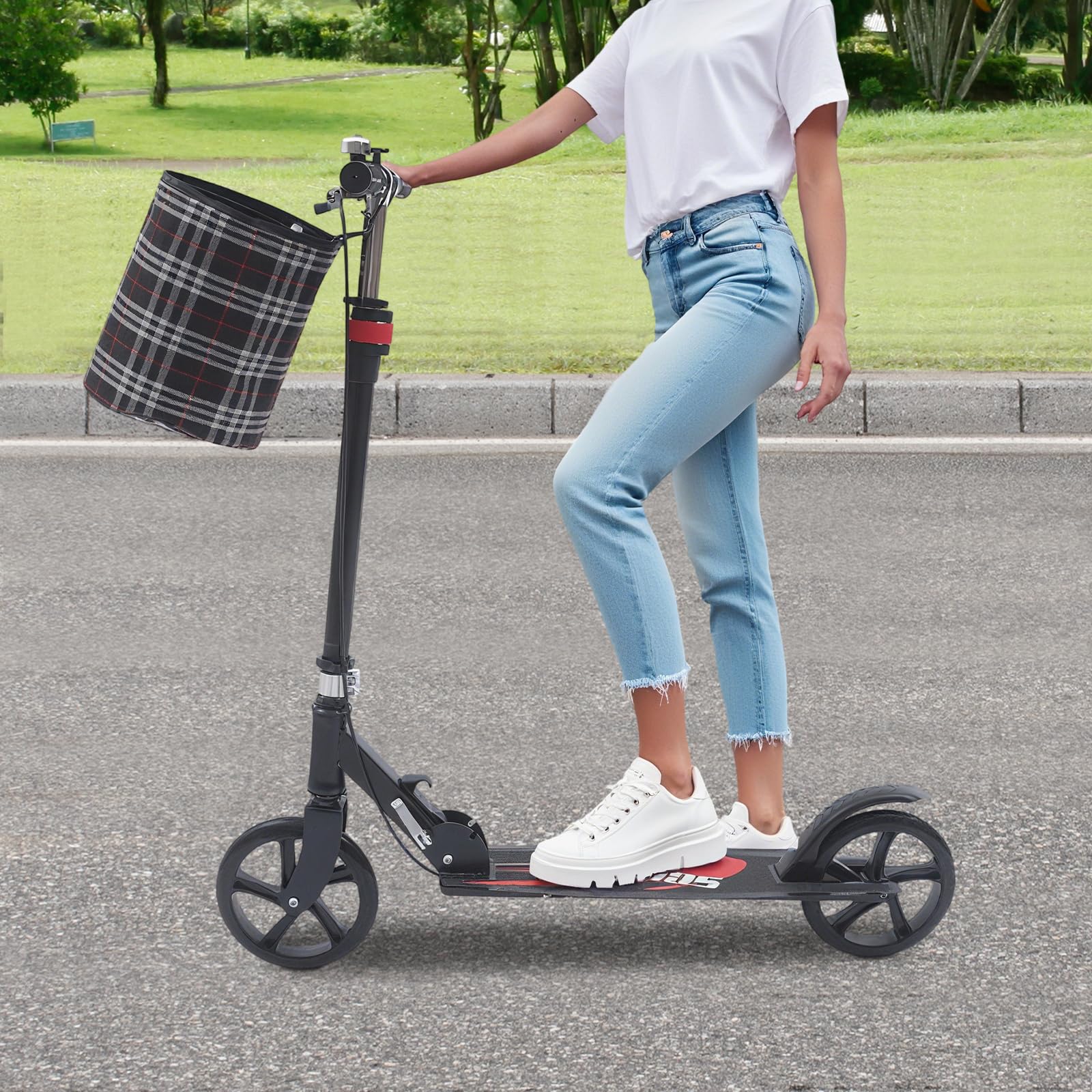 Składany skuter, dwukołowy City Work Mobility hulajnoga ze składaną kierownicą, dwukołowa hulajnoga miejska, składana hulajnoga w stylu T, koła 200 mm, hamulec ręczny, regulowana 91-106 cm