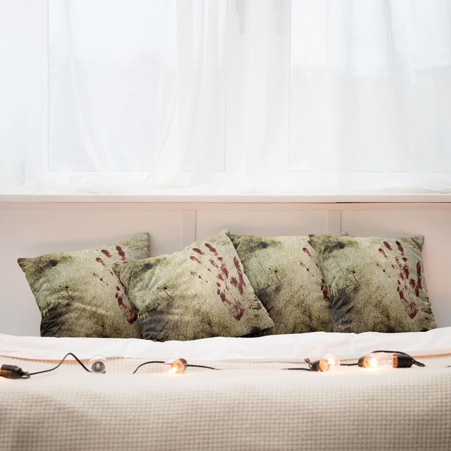 Ambesonne Horror House Decorative Throw Pillow Case Pack of 4, Grunge Design Wall Bloody Hand Print Murky Palm Trace Retro Spooky Movie Themed, Cushion Cover for Couch Living Room Car, 18", Beige Red